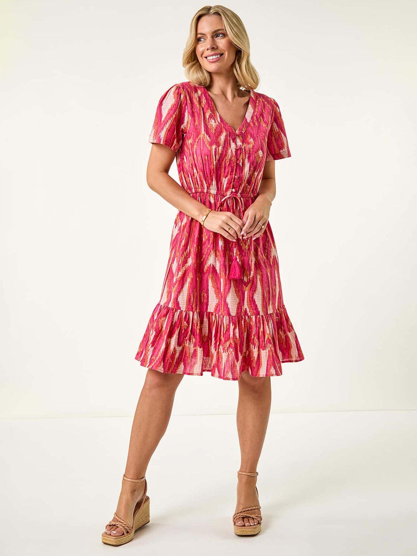 undefined Petite Ikat Print V-neck Frill Hem Dress - Coral