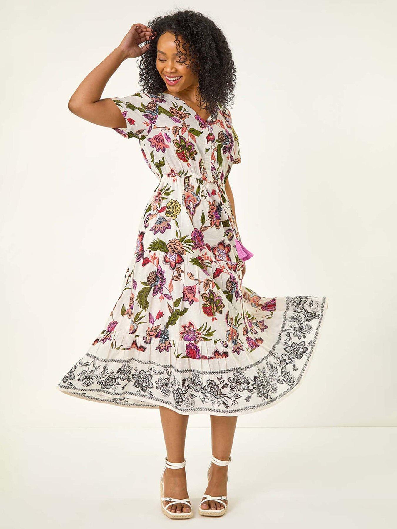 Roman Petite Floral Dobby Print Midi Dress - Ivory