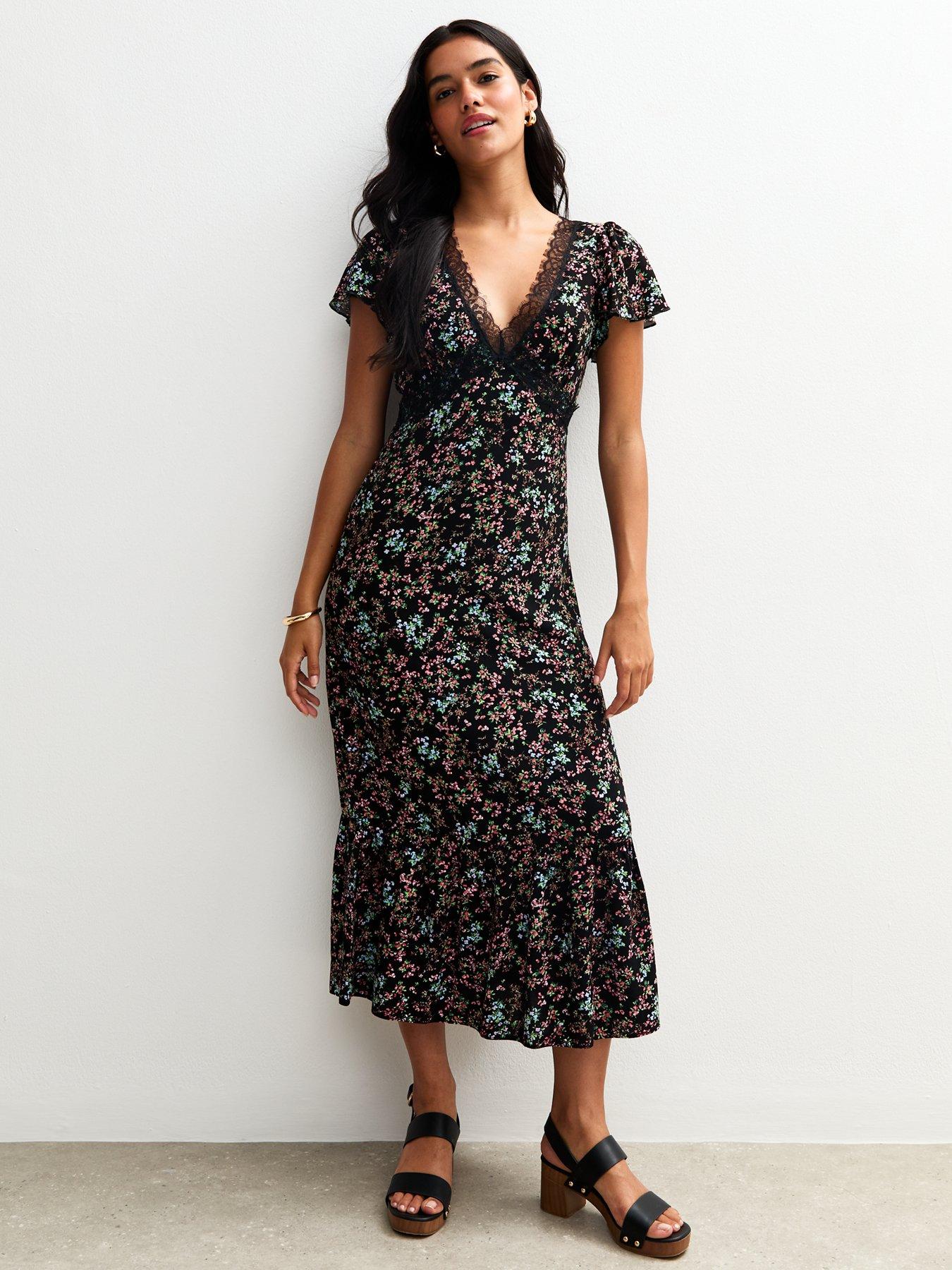 undefined Floral Print Lace Trim Midi Dress - Black