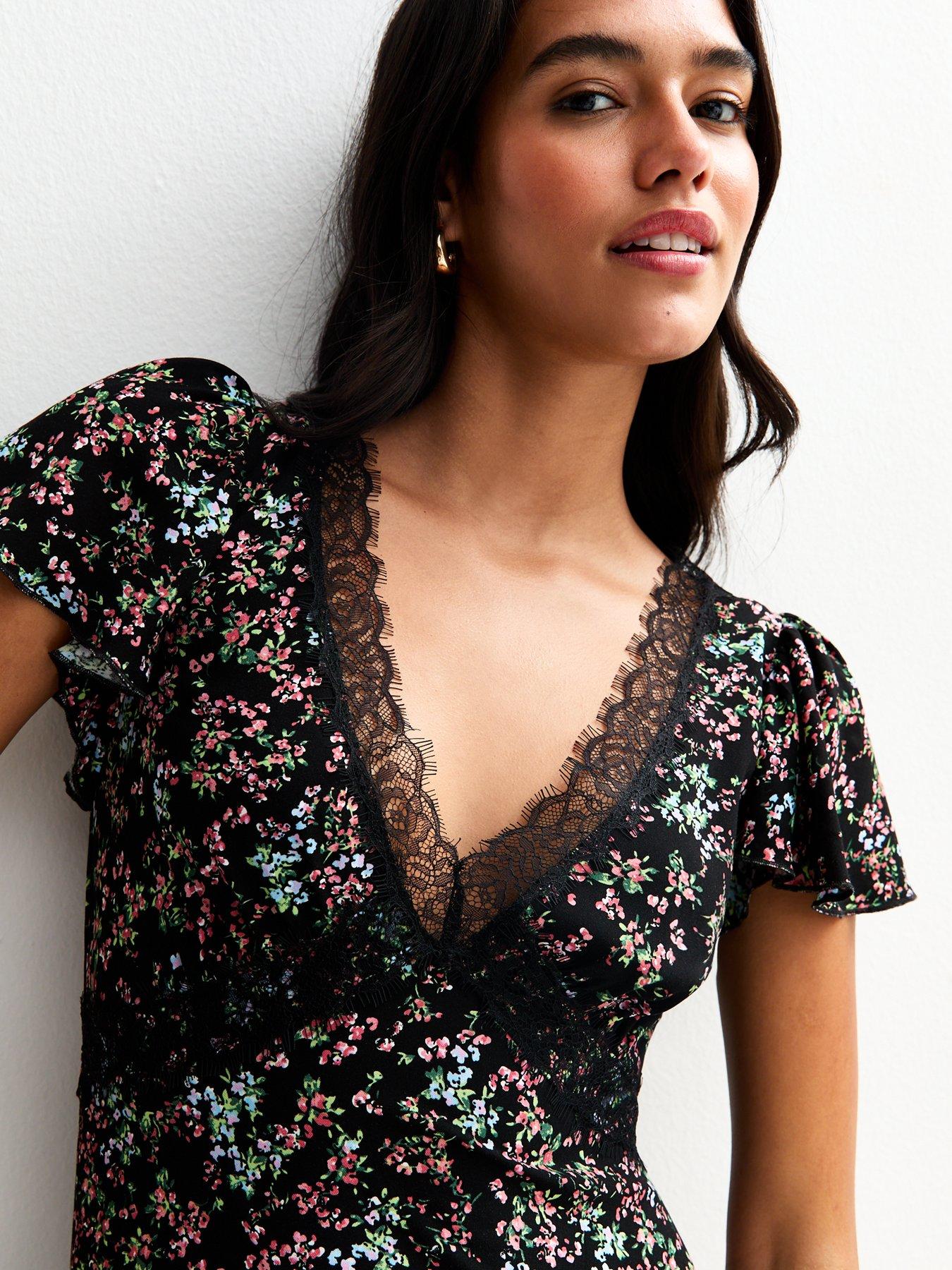 black flare sweater dress Mac Duggal - Multicolor Floral Chiffon Midi Dress With Lace Trim main image 0