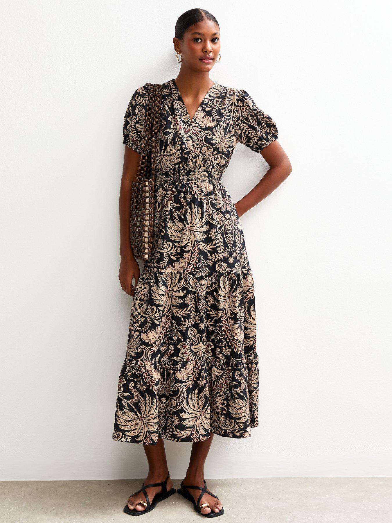 New Look Palm Tree Print Midi Dress - Black