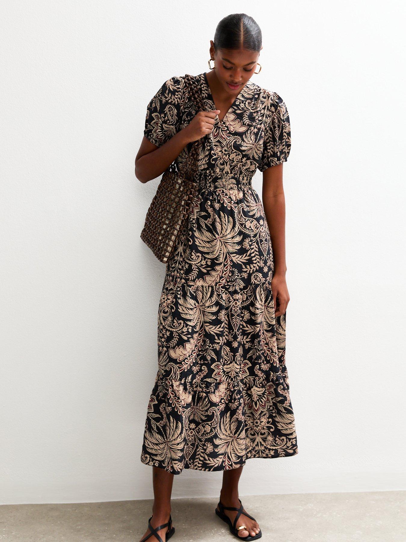 Yasmine Palm Leaf Printed Strapless Wrap Midi Dress - Black and Cream