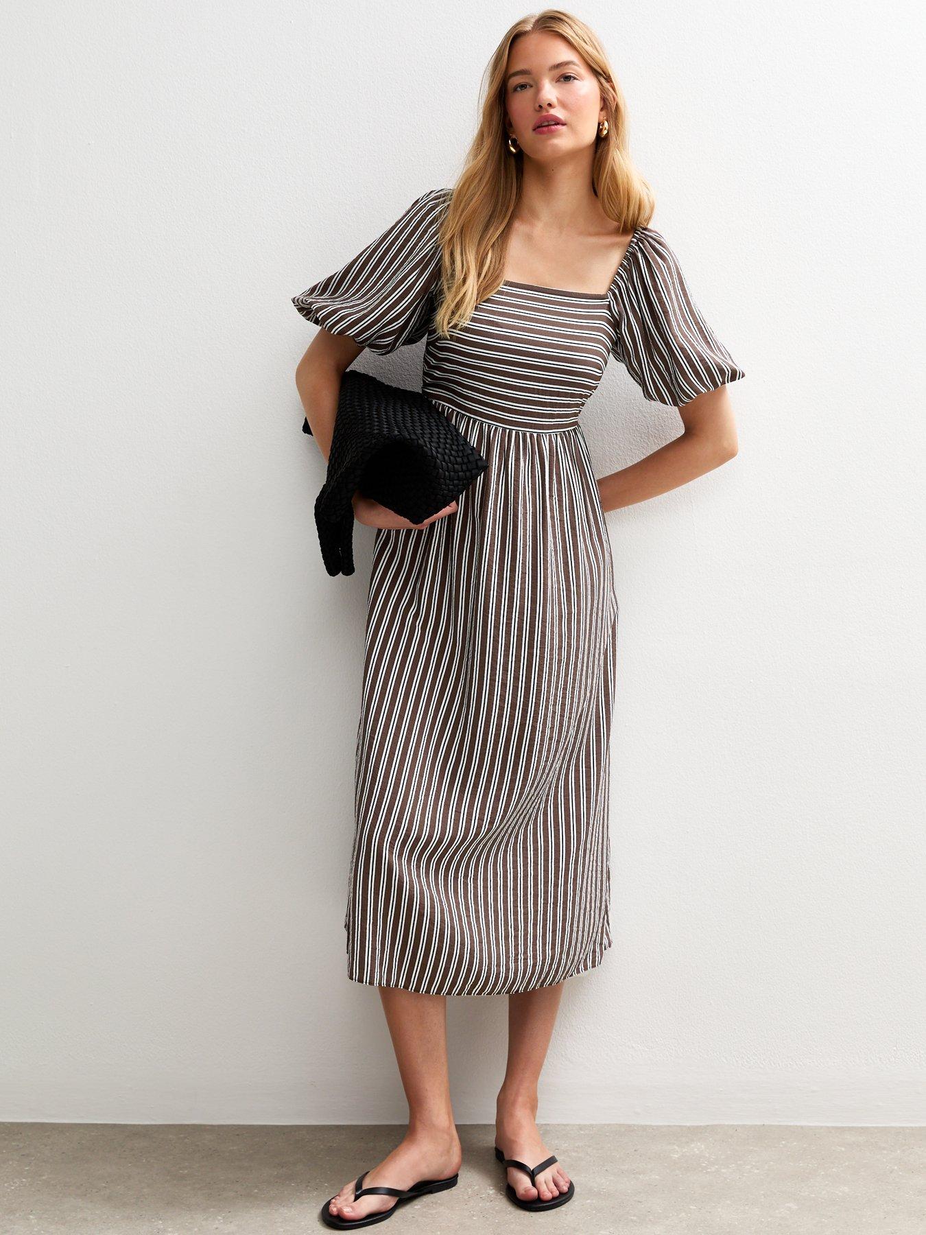 undefined Brown Striped Square Neck Milkmaid Midi Dress