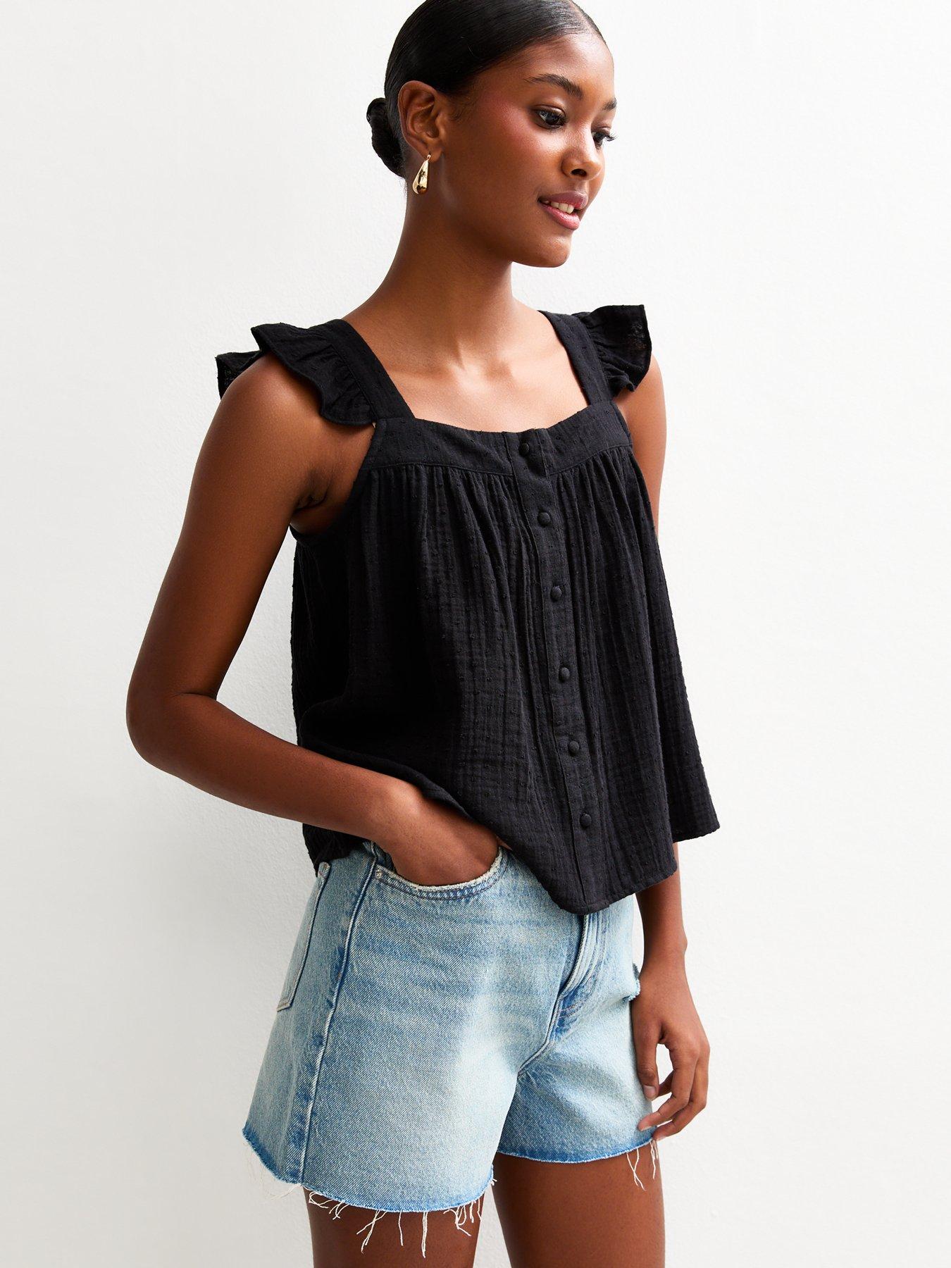 undefined Frilly Sleeve Button Up Top - Black