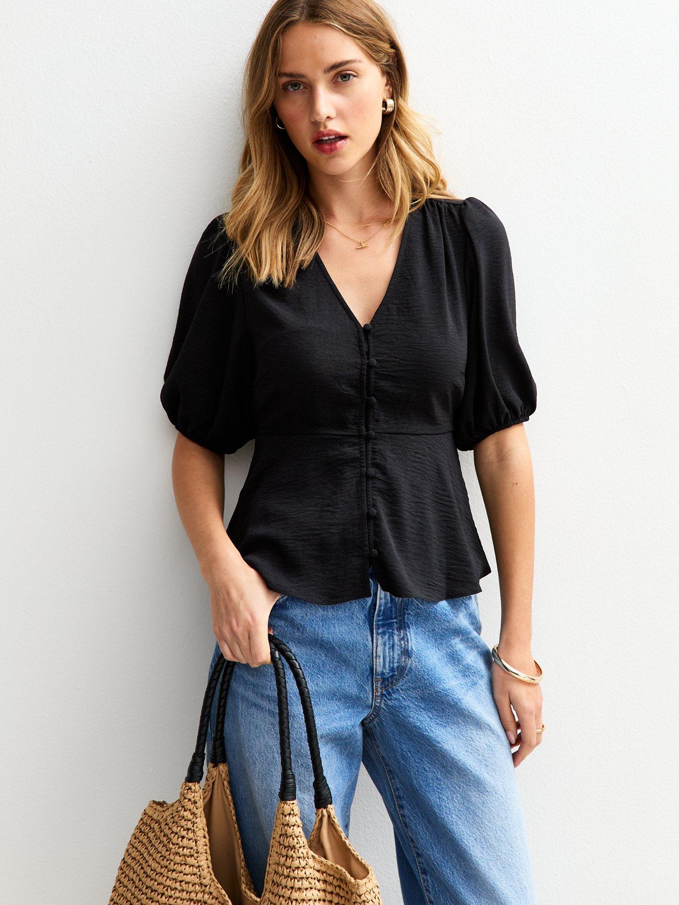 undefined Crinkle Texture Button Detail Tea Blouse - Black