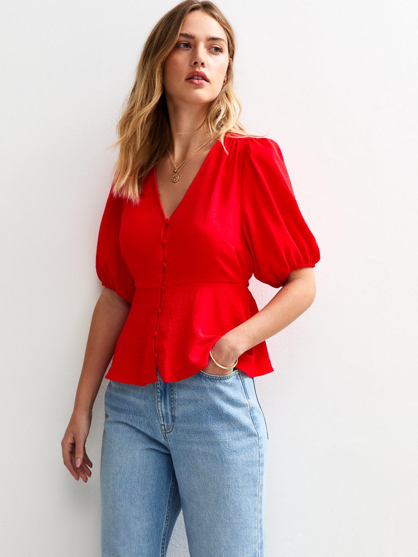 undefined Crinkle Texture Button Detail Tea Blouse - Red