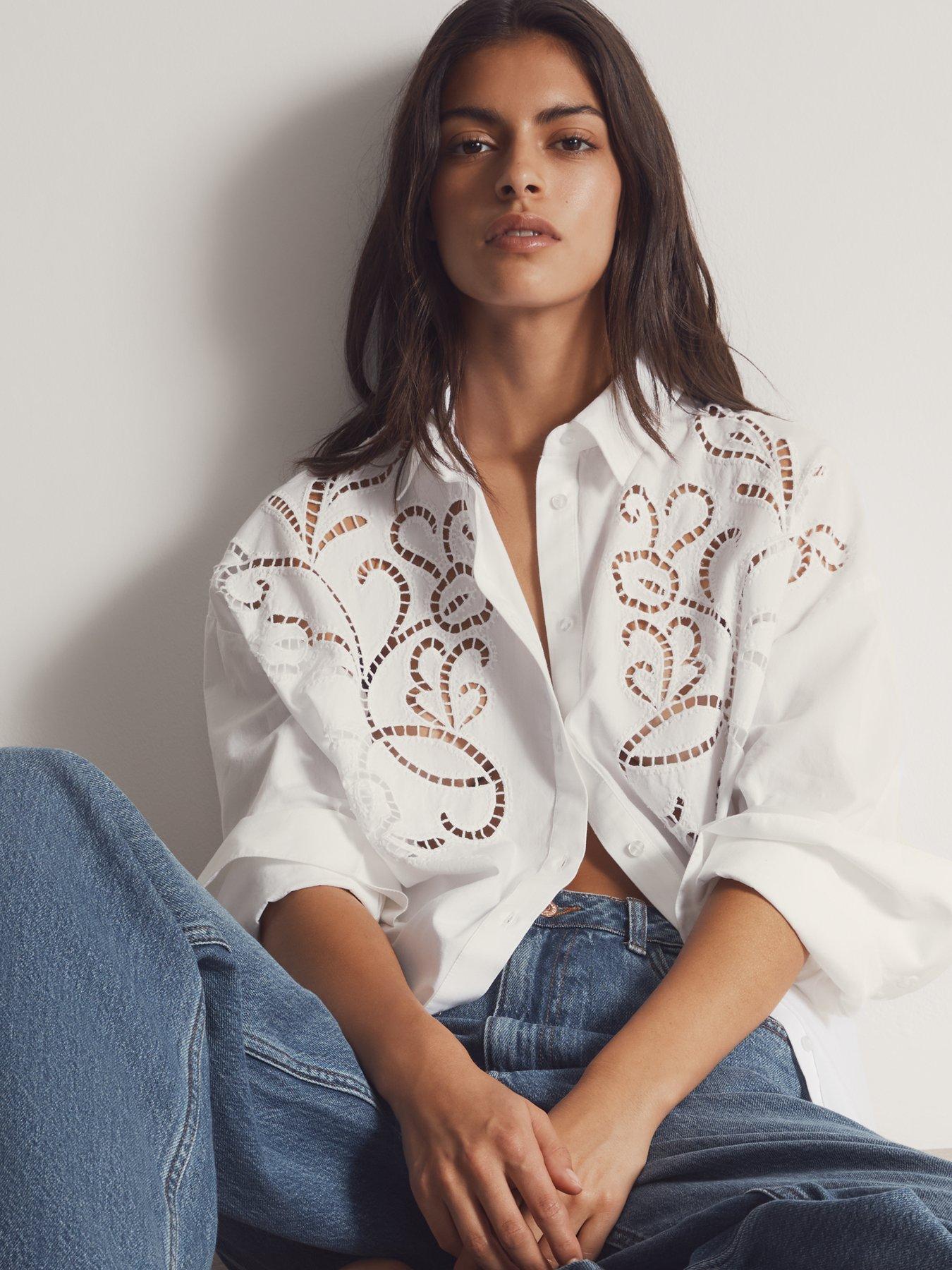 undefined White Cotton Embroidered Shirt - Cream