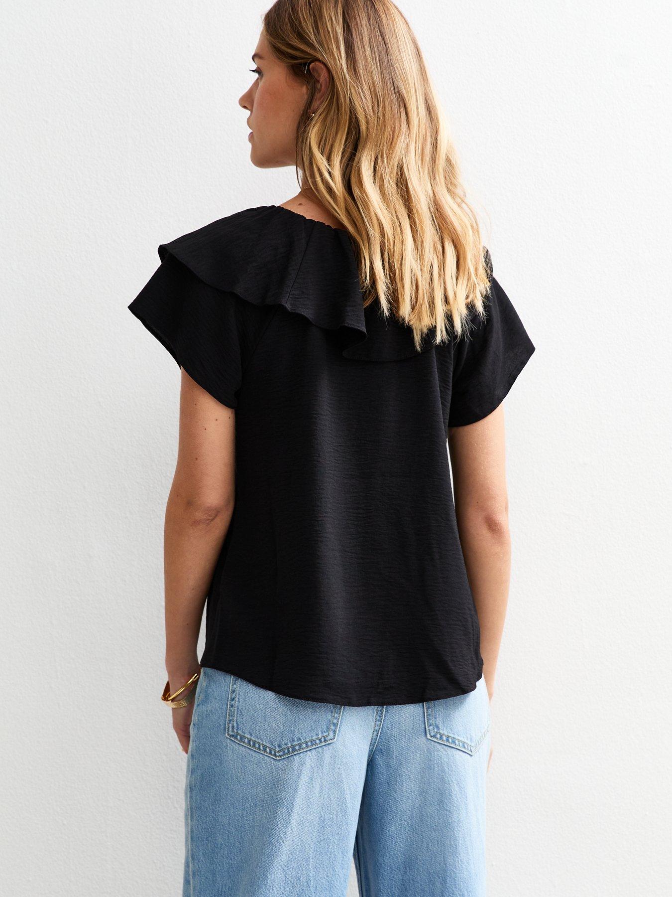 Image 2 of 4 of New Look Crinkle Texture Frill Trimmed Short Sleeve Blouse - Black