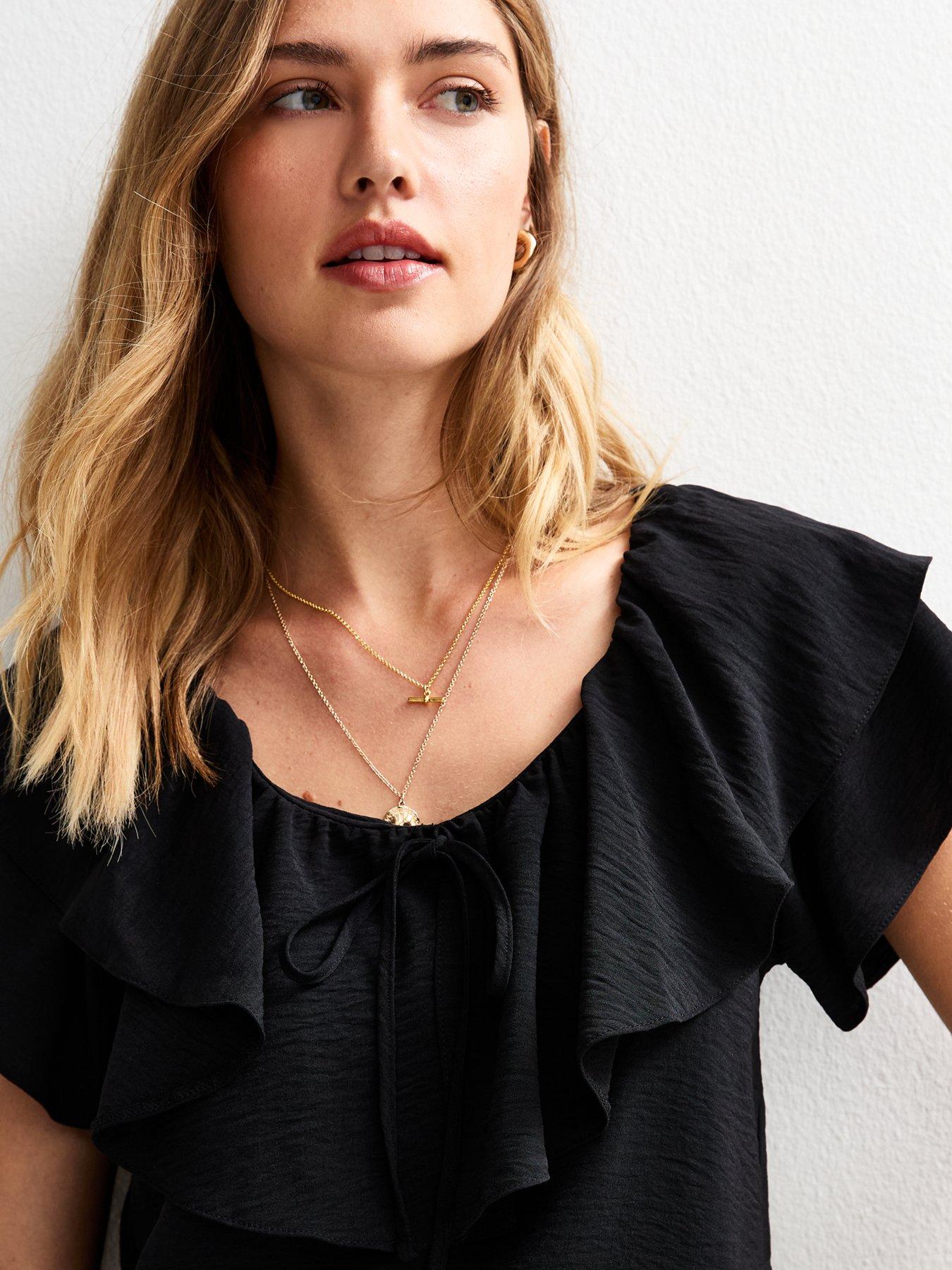 Image 4 of 4 of New Look Crinkle Texture Frill Trimmed Short Sleeve Blouse - Black
