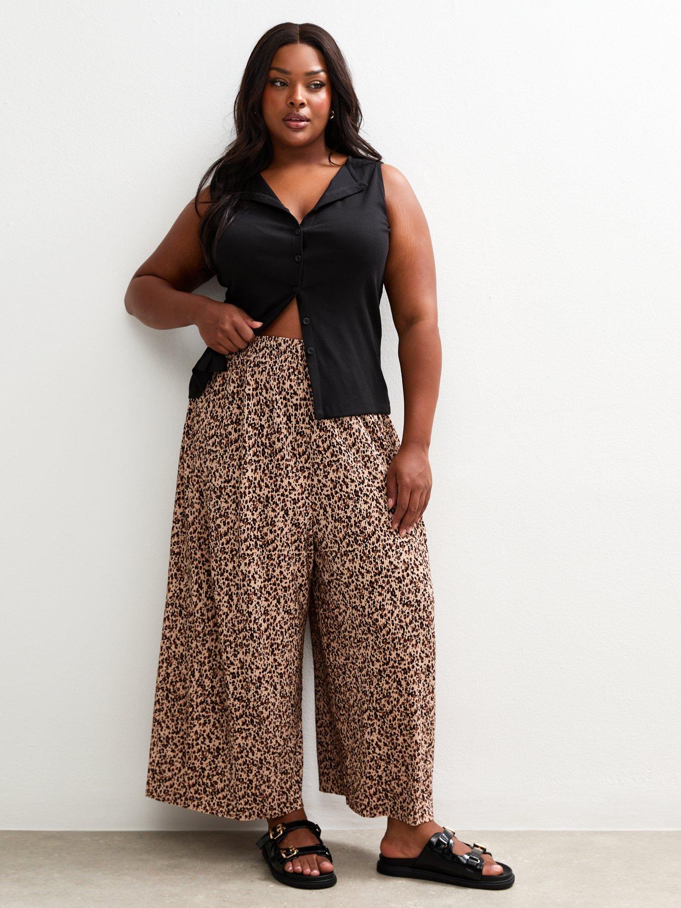 undefined Curves Brown Leopard Print Plisse Cropped Trousers