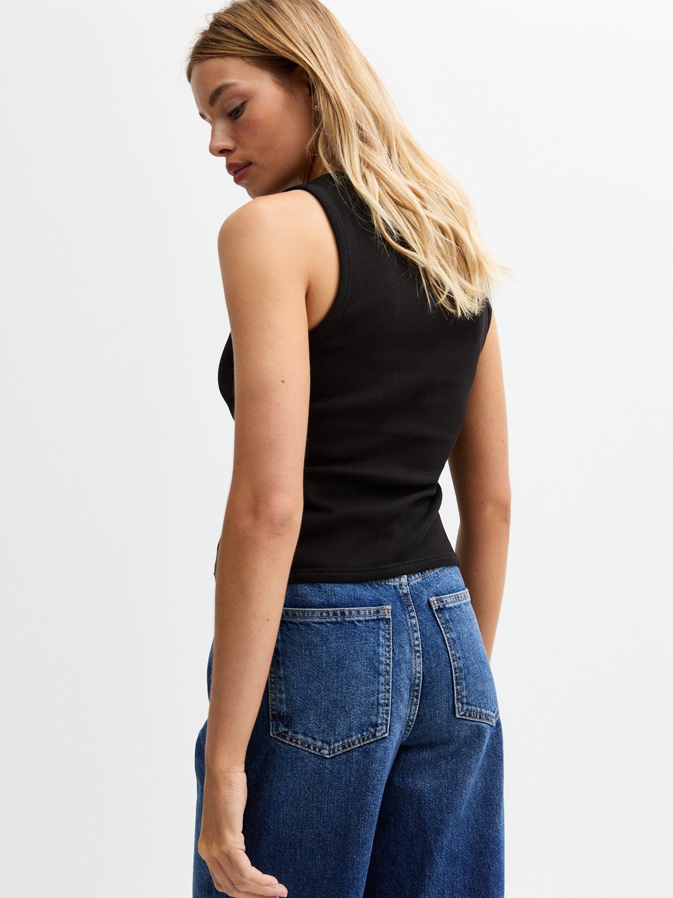 Image 2 of 4 of New Look Heart Button Ribbed Vest Top - Black