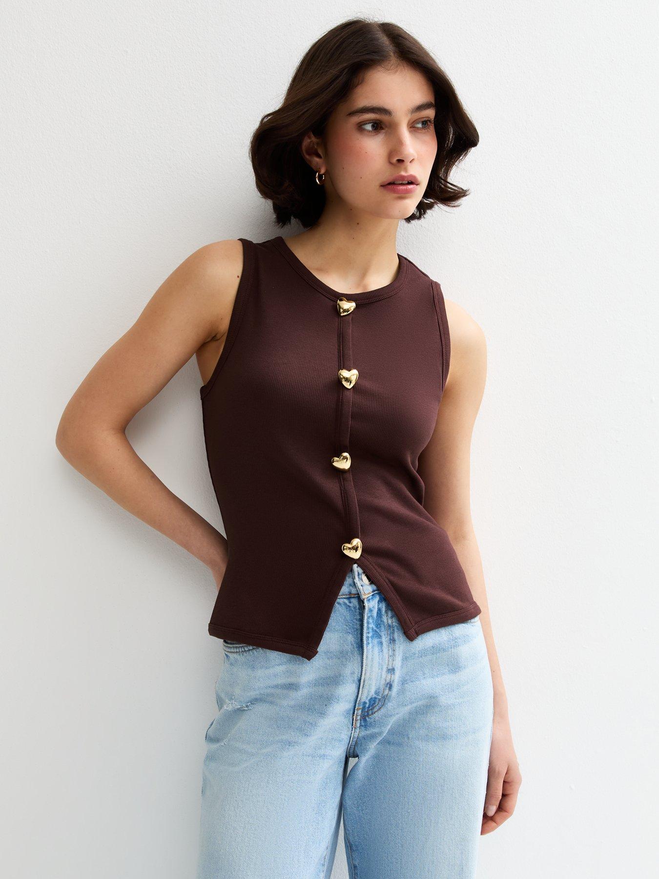 undefined Heart Button Ribbed Vest Top - Dark Brown