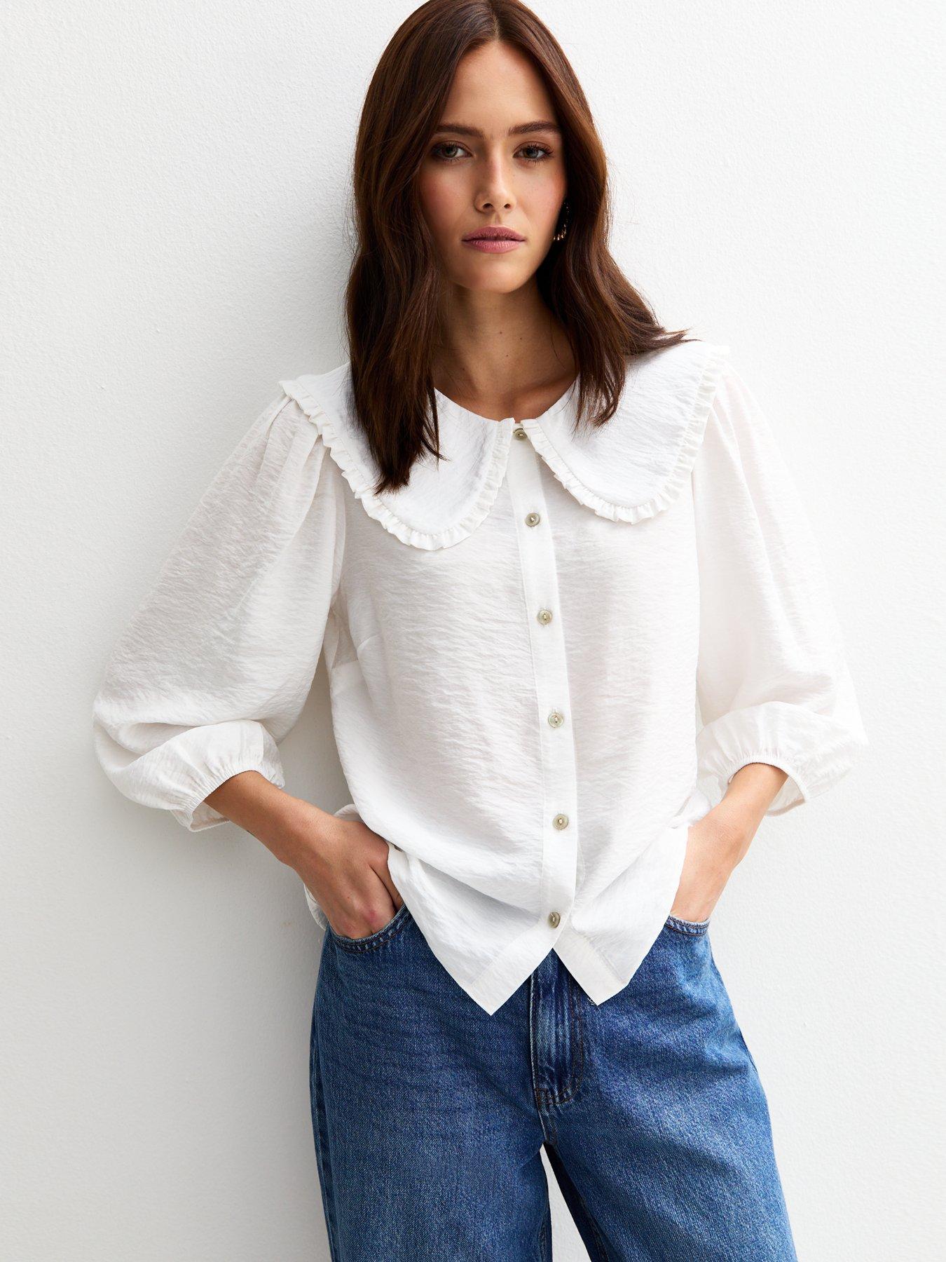 undefined Oversized Collar Crinkled Crop Sleeve Shirt - Cream