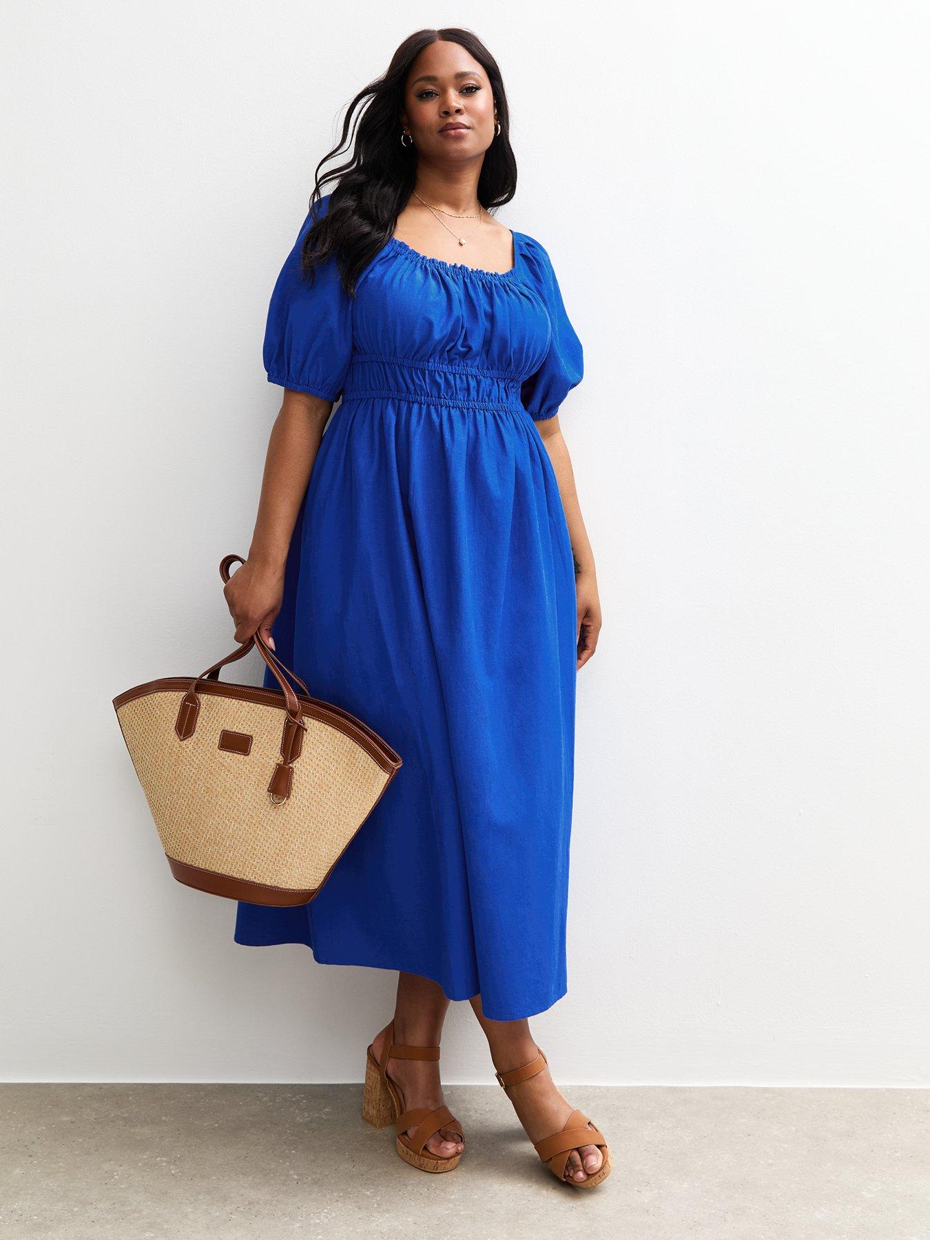 undefined Curves Bright Blue Milkmaid Puff Sleeve Midi Dress