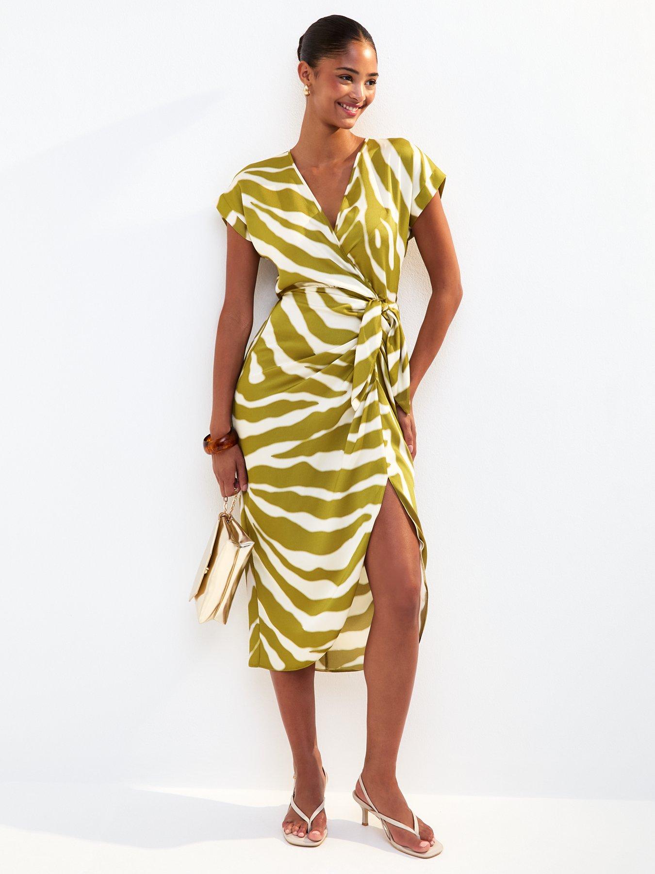 undefined Zebra Print Wrap Front Midi Dress - Green