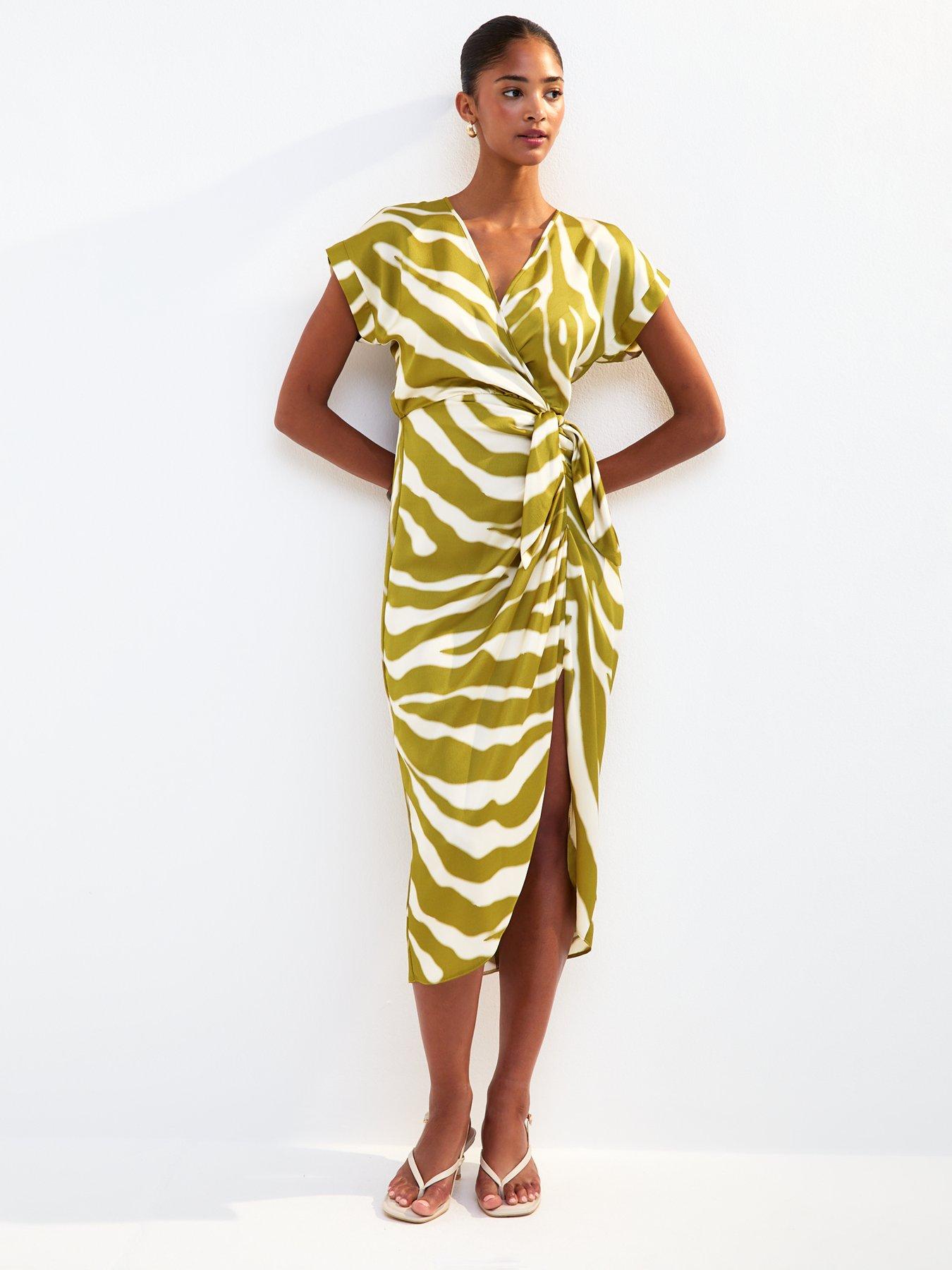 New Look Zebra Print Wrap Front Midi Dress - Green | Very