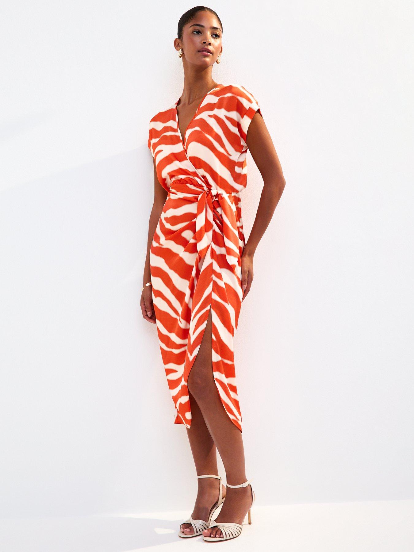 undefined Red Zebra Print Wrap Front Midi Dress - Orange
