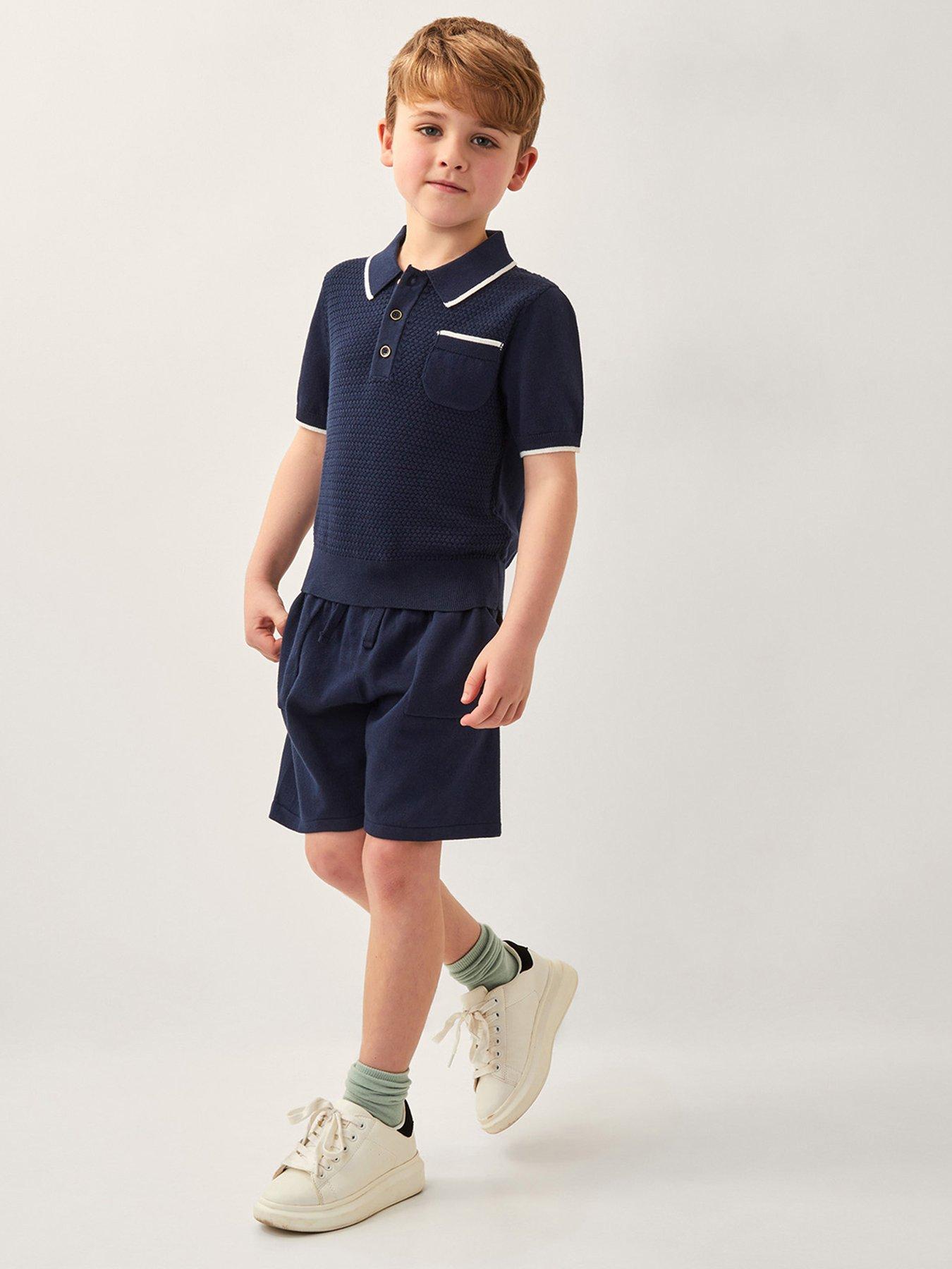 undefined Boys Knitted Short Sleeve Polo & Shorts Set - Navy