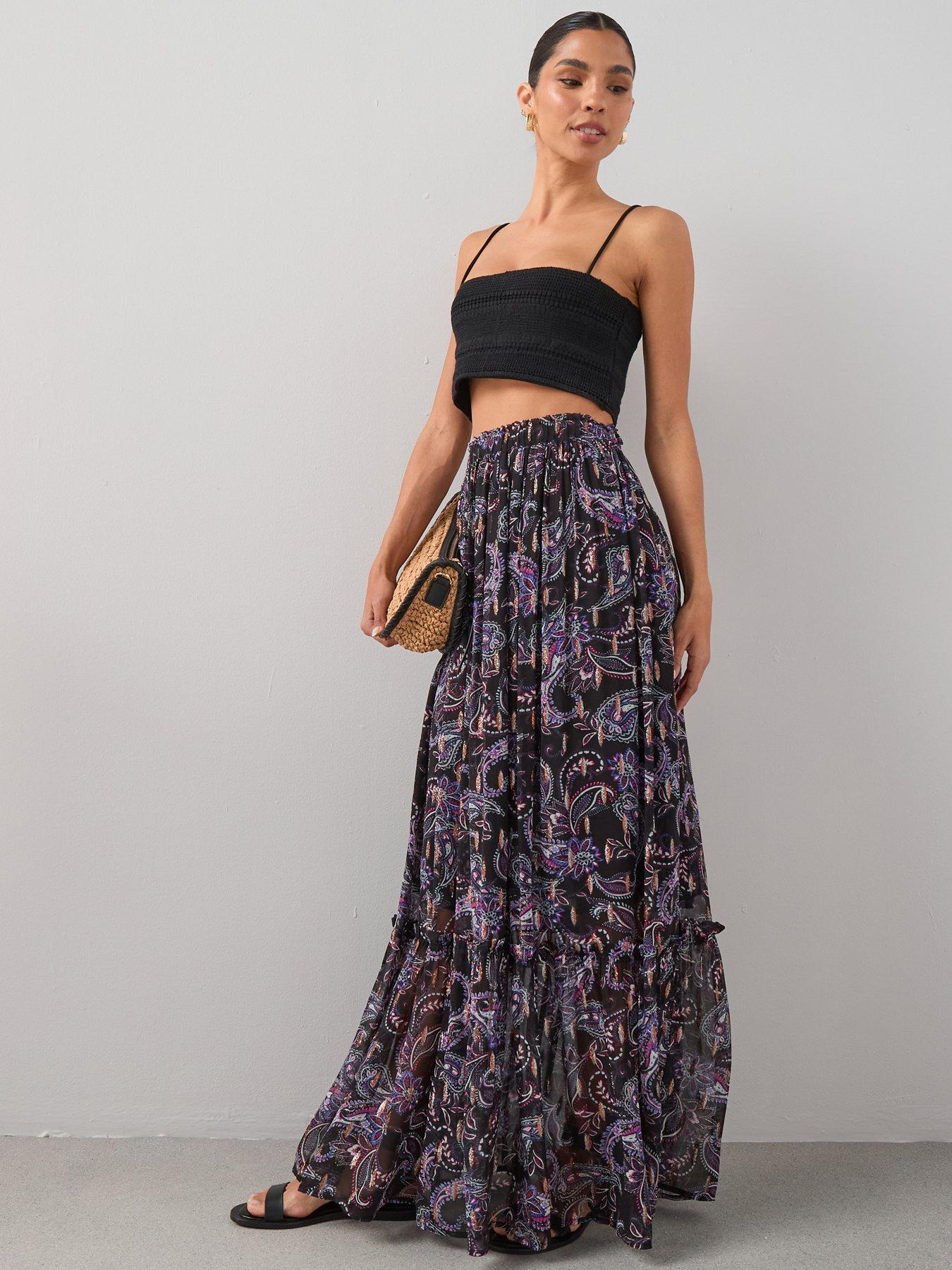 The Very Collection: Paisley Print Co-Ord Pleated Maxi Skirt - Purple