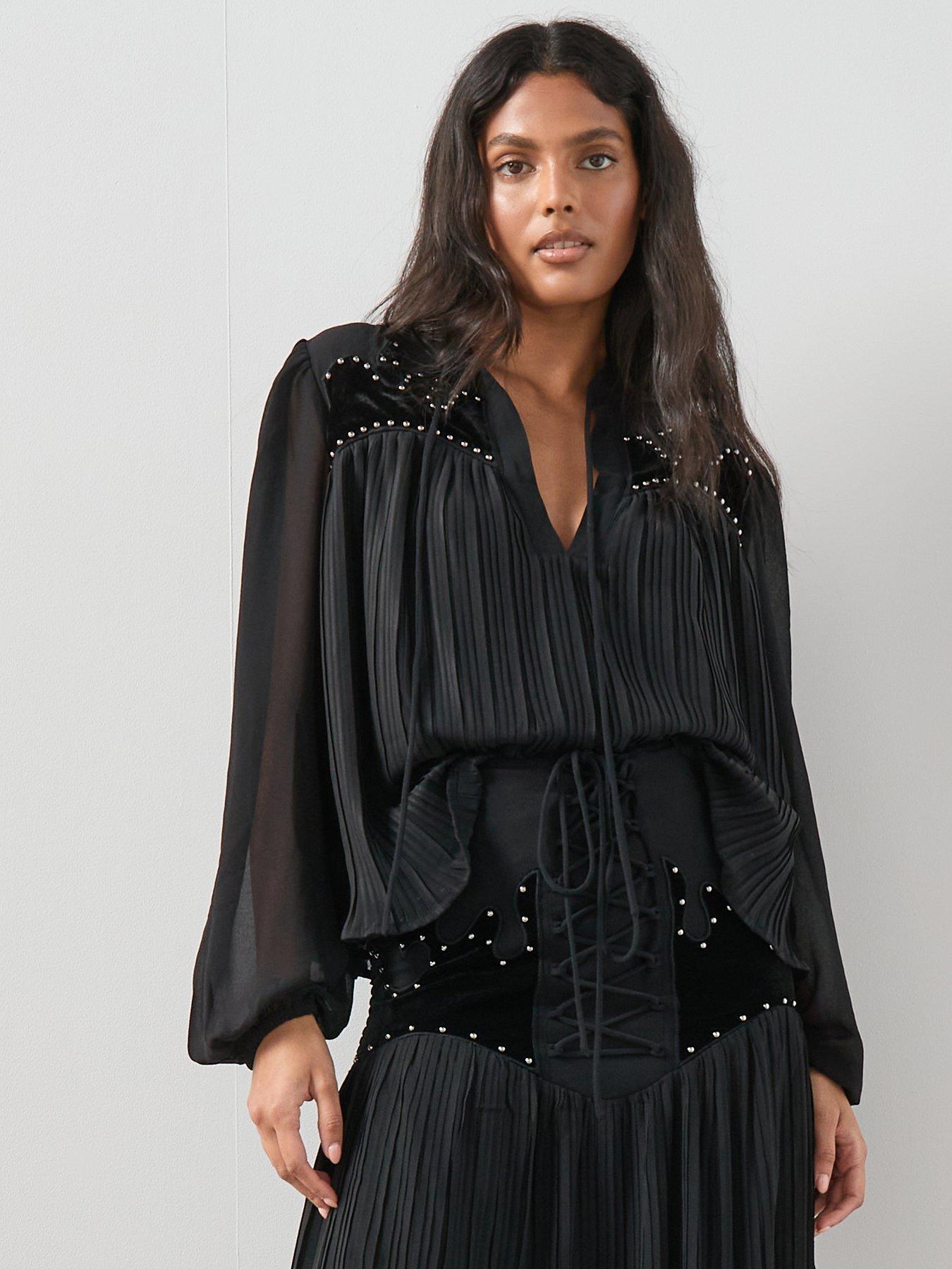 The Very Collection Velvet Applique Embellished Detail Balloon Sleeve Co-Ord Blouse - Black