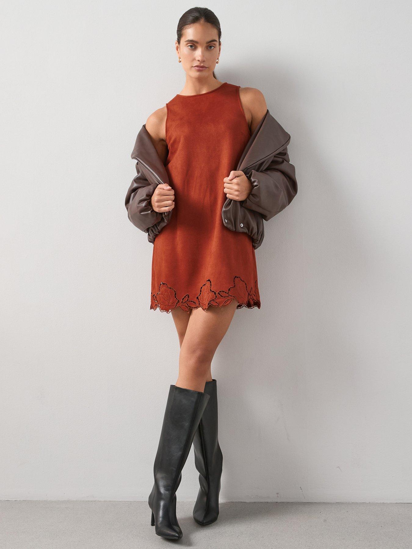 brown suede shift dress The Very Collection Suedette Cutwork Hem Mini - faux suede material CanadaWarehouse Dream Meaning of Blue: Color:Pink Safari