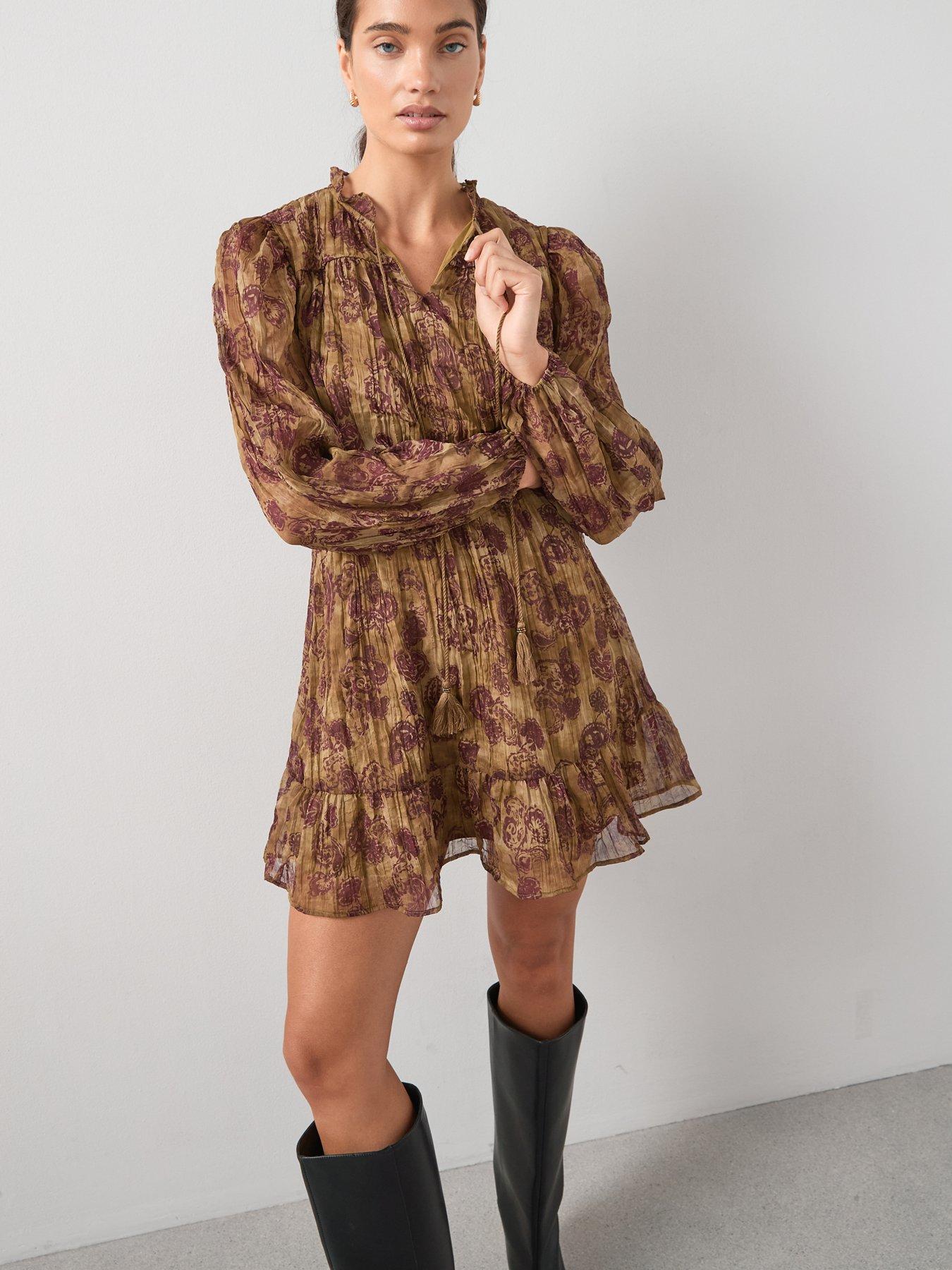 Image 1 of 6 of The Very Collection Printed Tie Neck Lurex Mini Dress - Print
