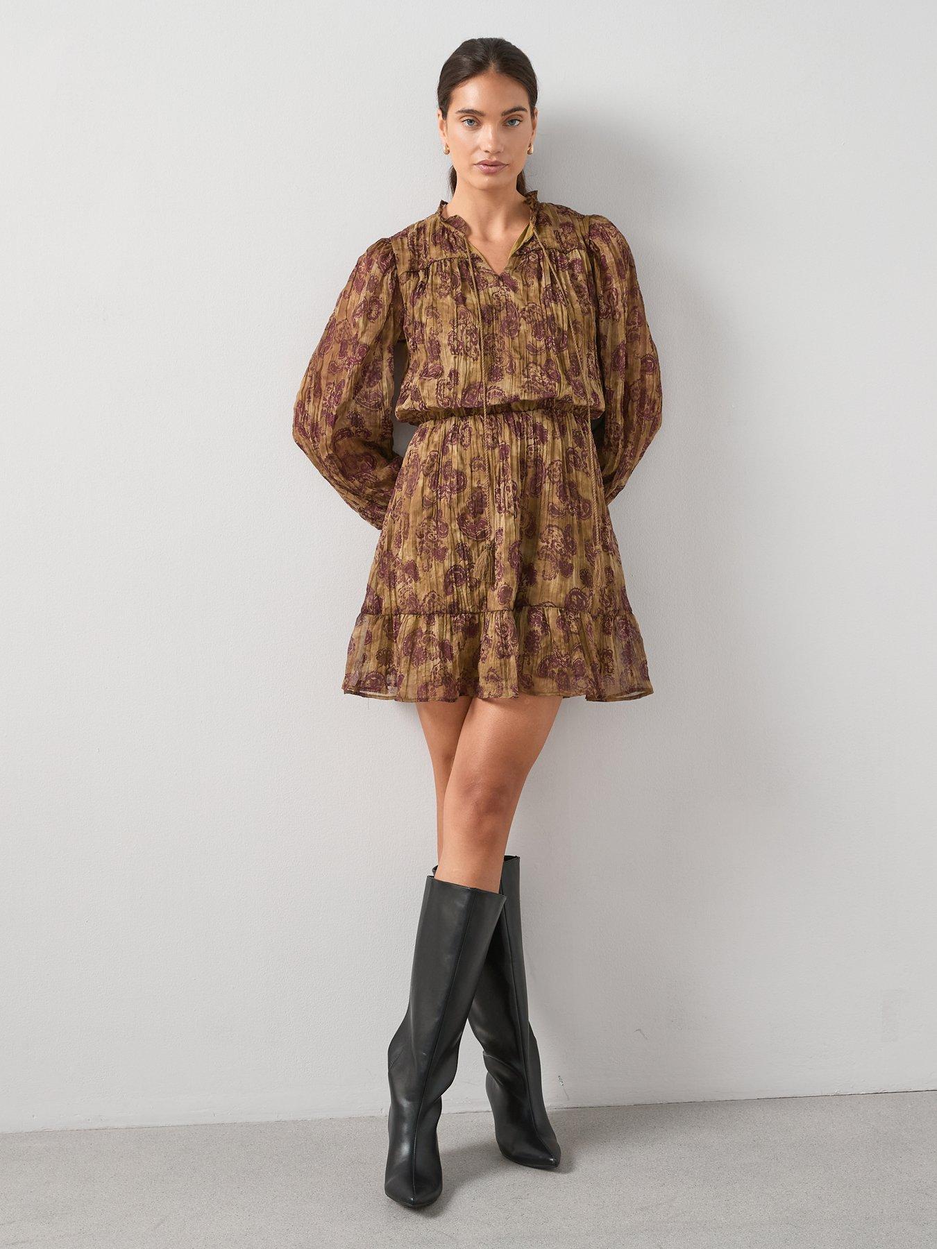 Image 3 of 6 of The Very Collection Printed Tie Neck Lurex Mini Dress - Print