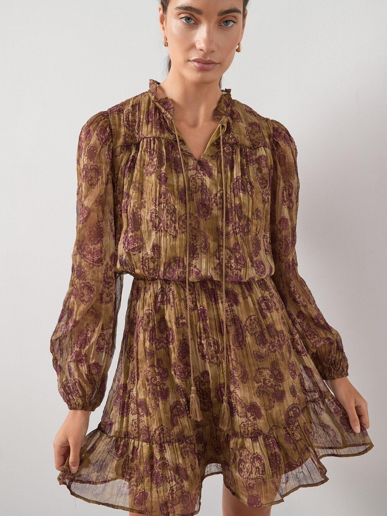 Image 6 of 6 of The Very Collection Printed Tie Neck Lurex Mini Dress - Print