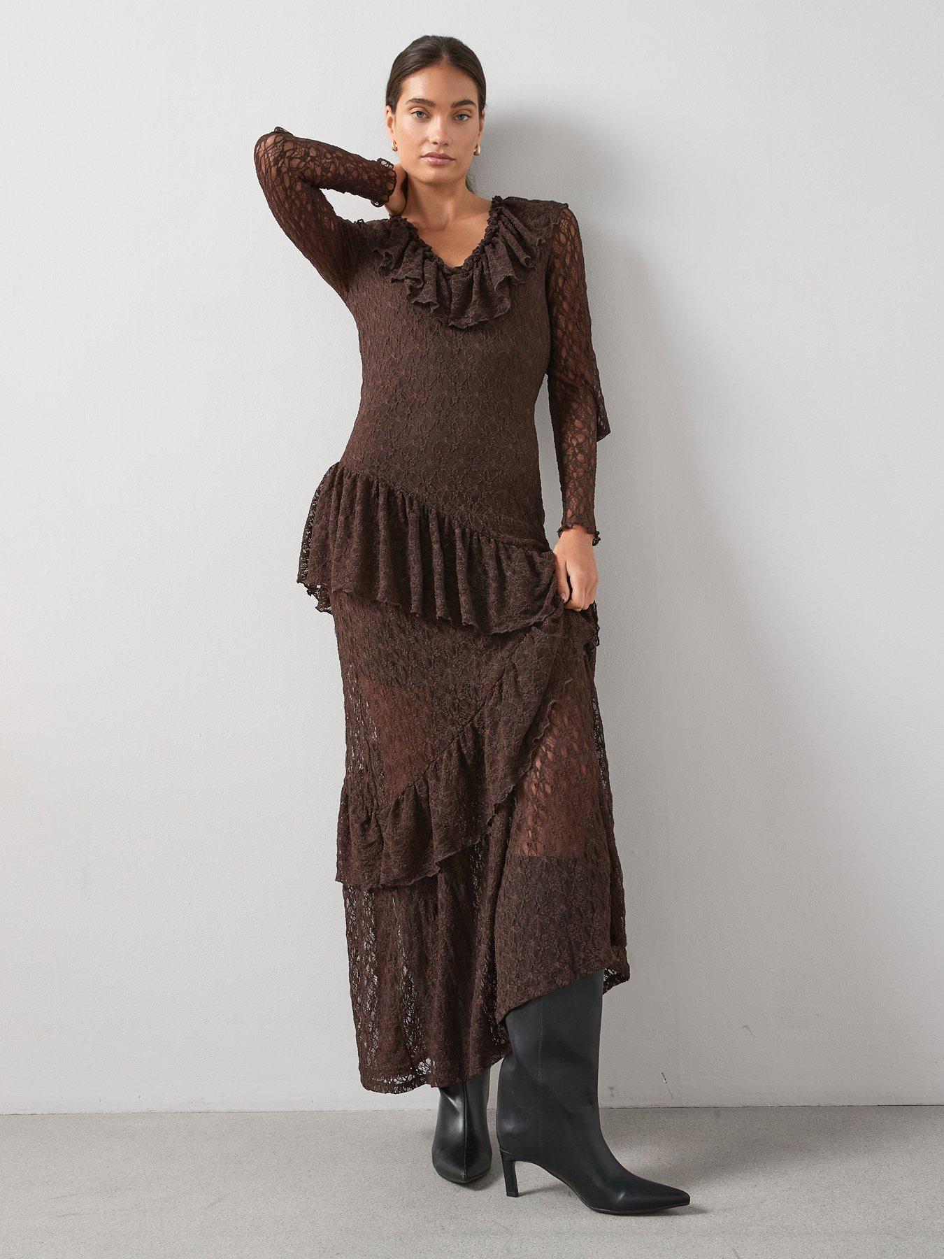 The Very Collection Lace Ruffle Hem Maxi Dress - Brown