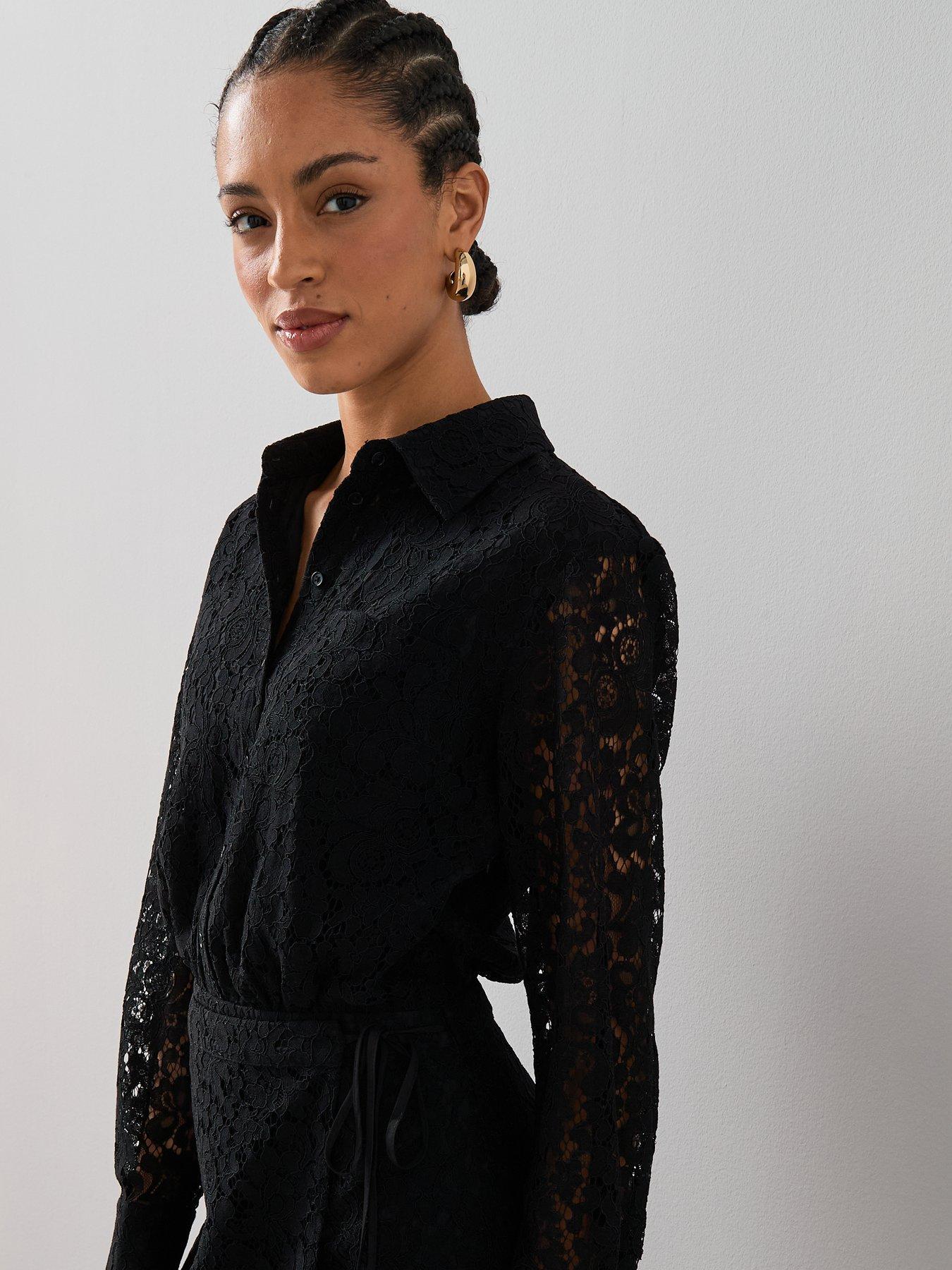black lace shirt dress LUKA LACE SHIRT DRESS | Black Puff Sleeve LACE Button Down main image 0