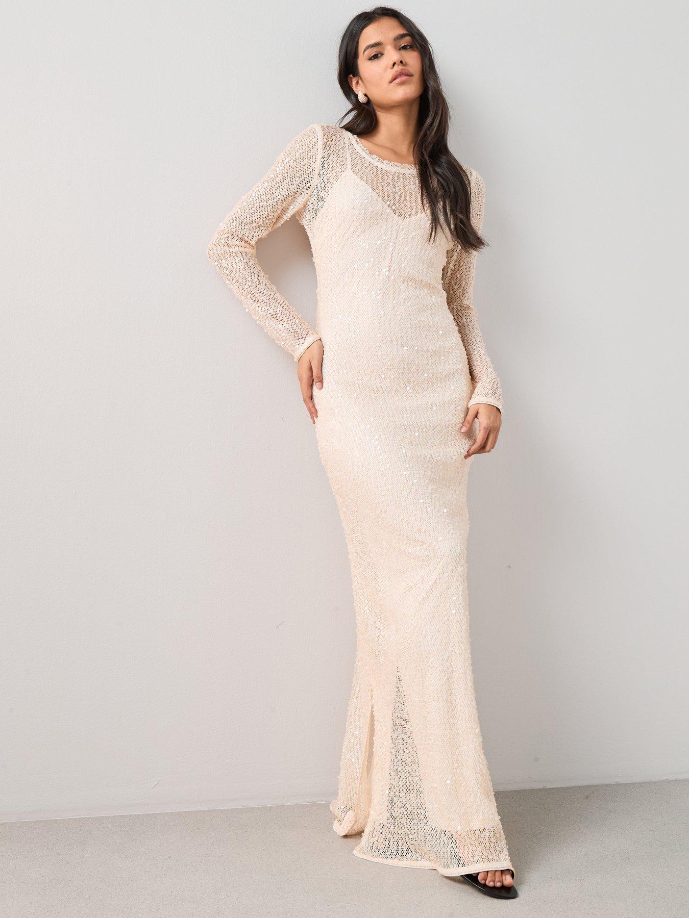 Image 1 of 7 of The Very Collection Long Sleeve Sheer Sequin Maxi Dress Cream - White