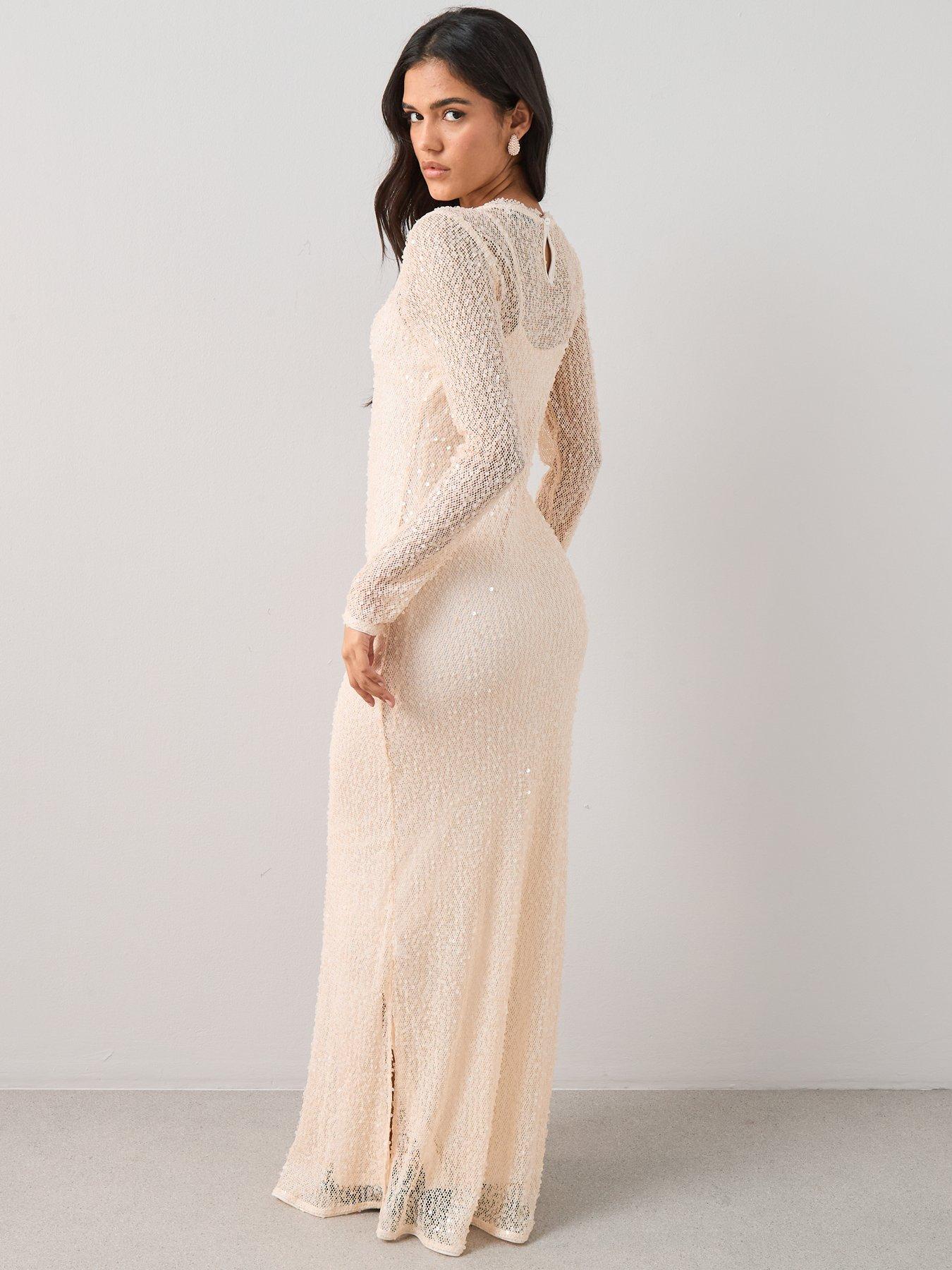 Image 2 of 7 of The Very Collection Long Sleeve Sheer Sequin Maxi Dress Cream - White