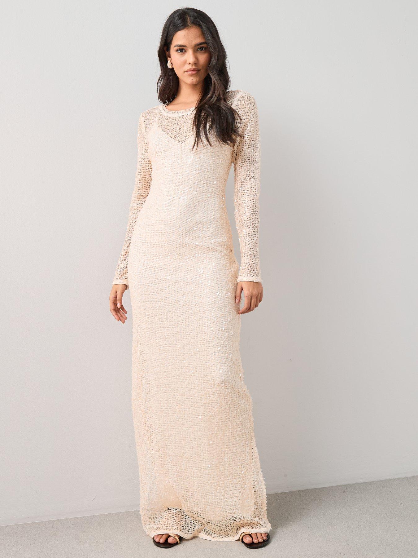 Image 3 of 7 of The Very Collection Long Sleeve Sheer Sequin Maxi Dress Cream - White