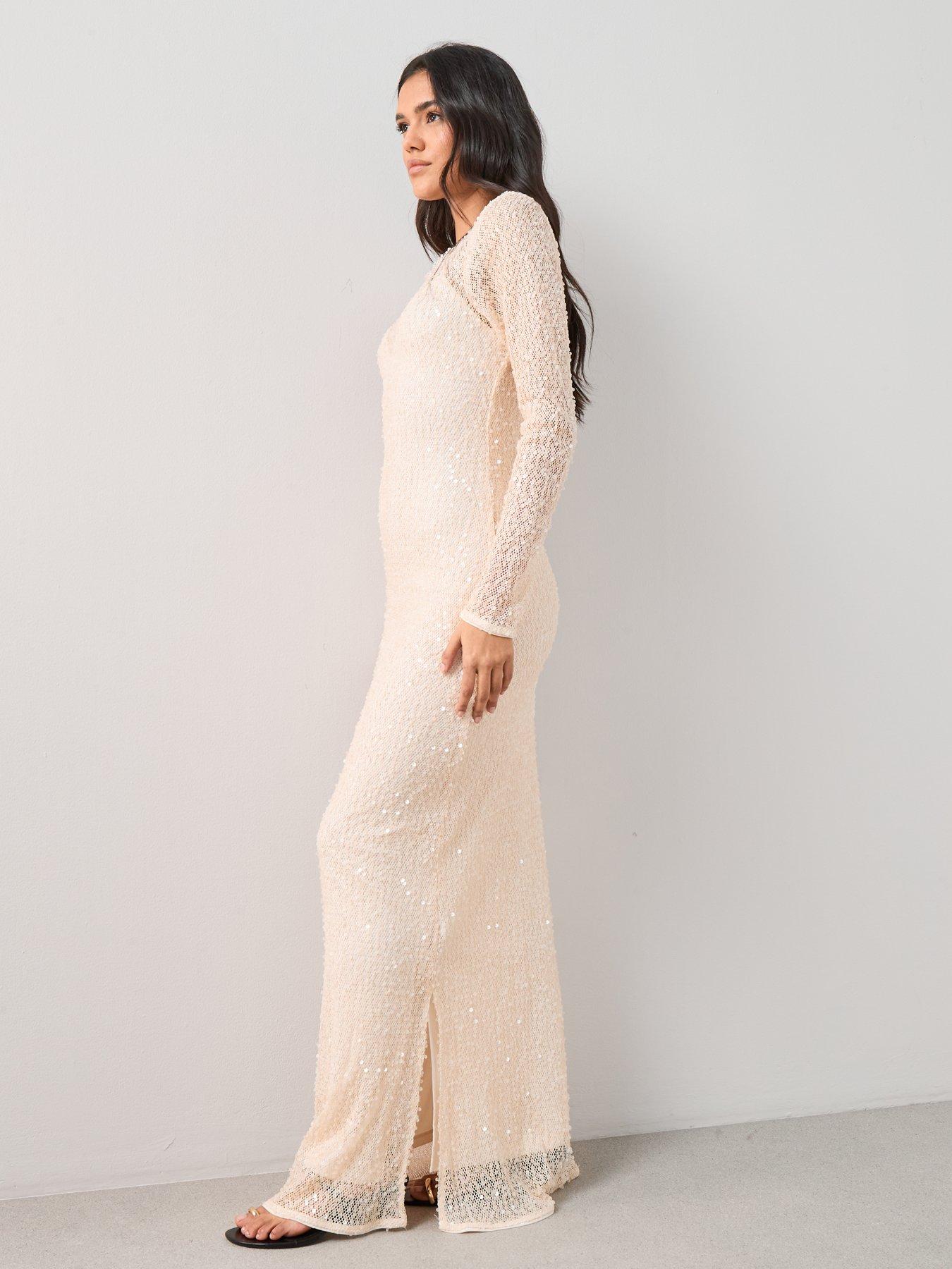 Image 4 of 7 of The Very Collection Long Sleeve Sheer Sequin Maxi Dress Cream - White