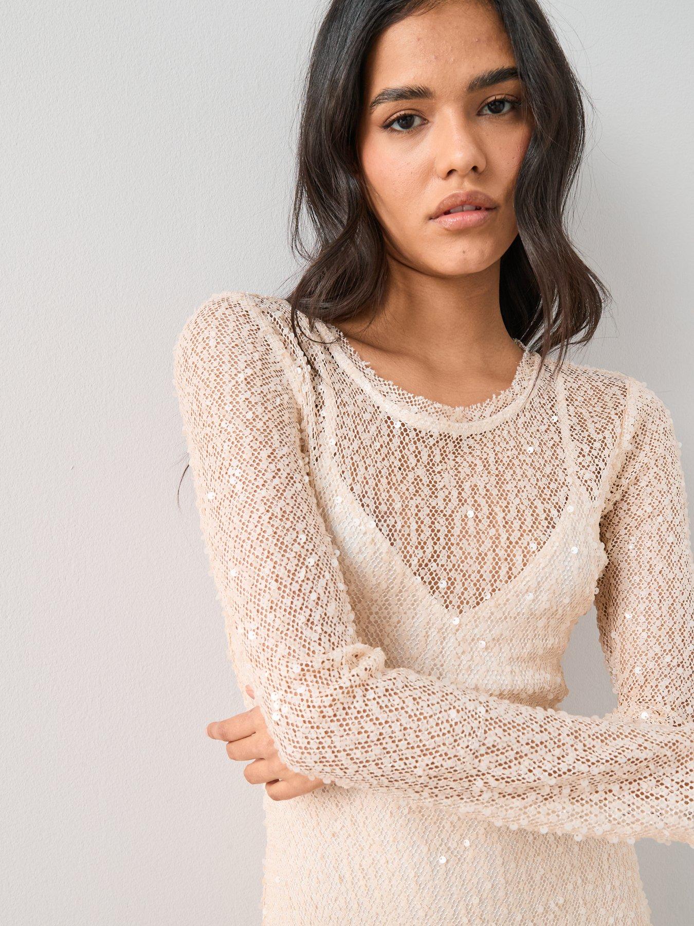 Image 5 of 7 of The Very Collection Long Sleeve Sheer Sequin Maxi Dress Cream - White