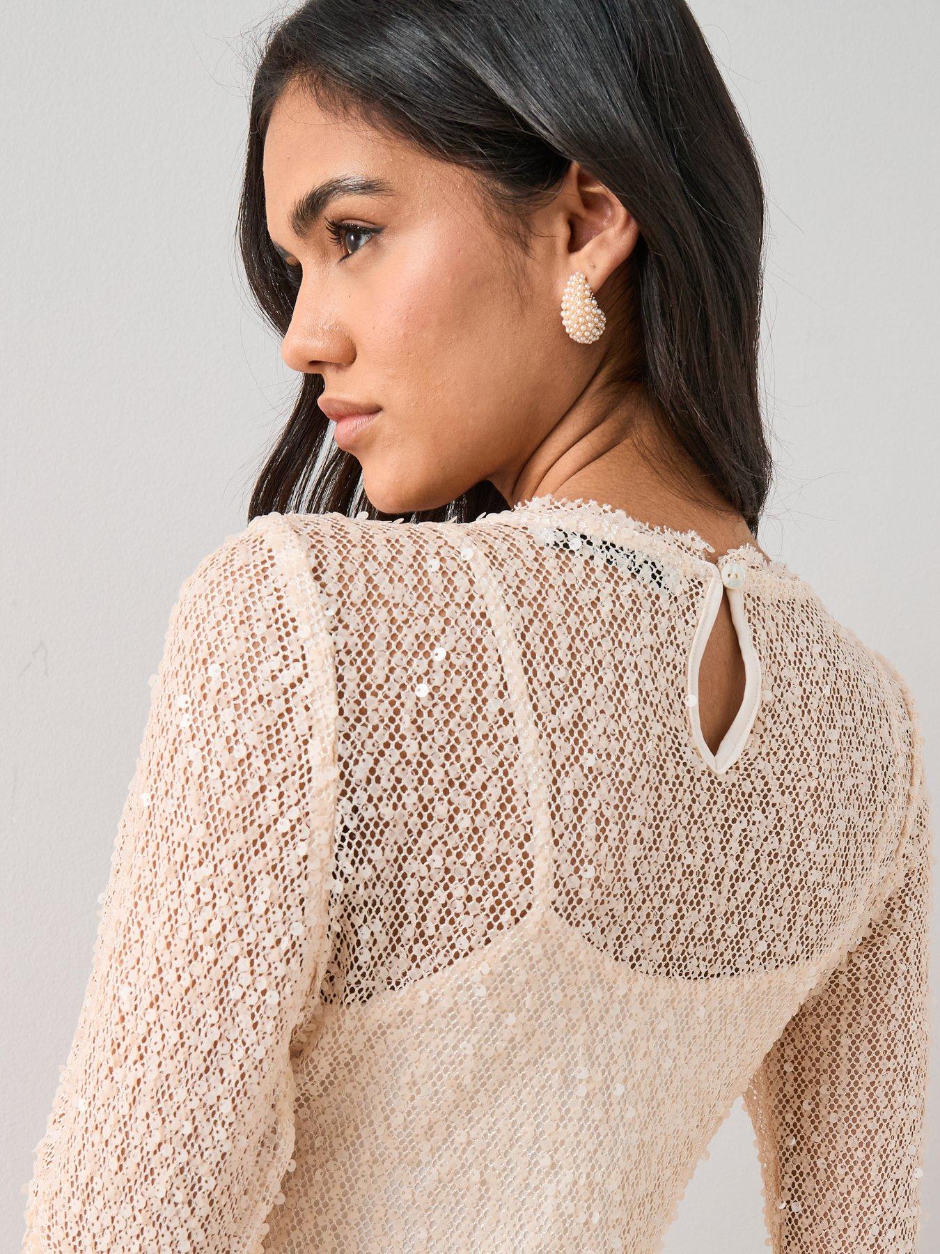 Image 6 of 7 of The Very Collection Long Sleeve Sheer Sequin Maxi Dress Cream - White