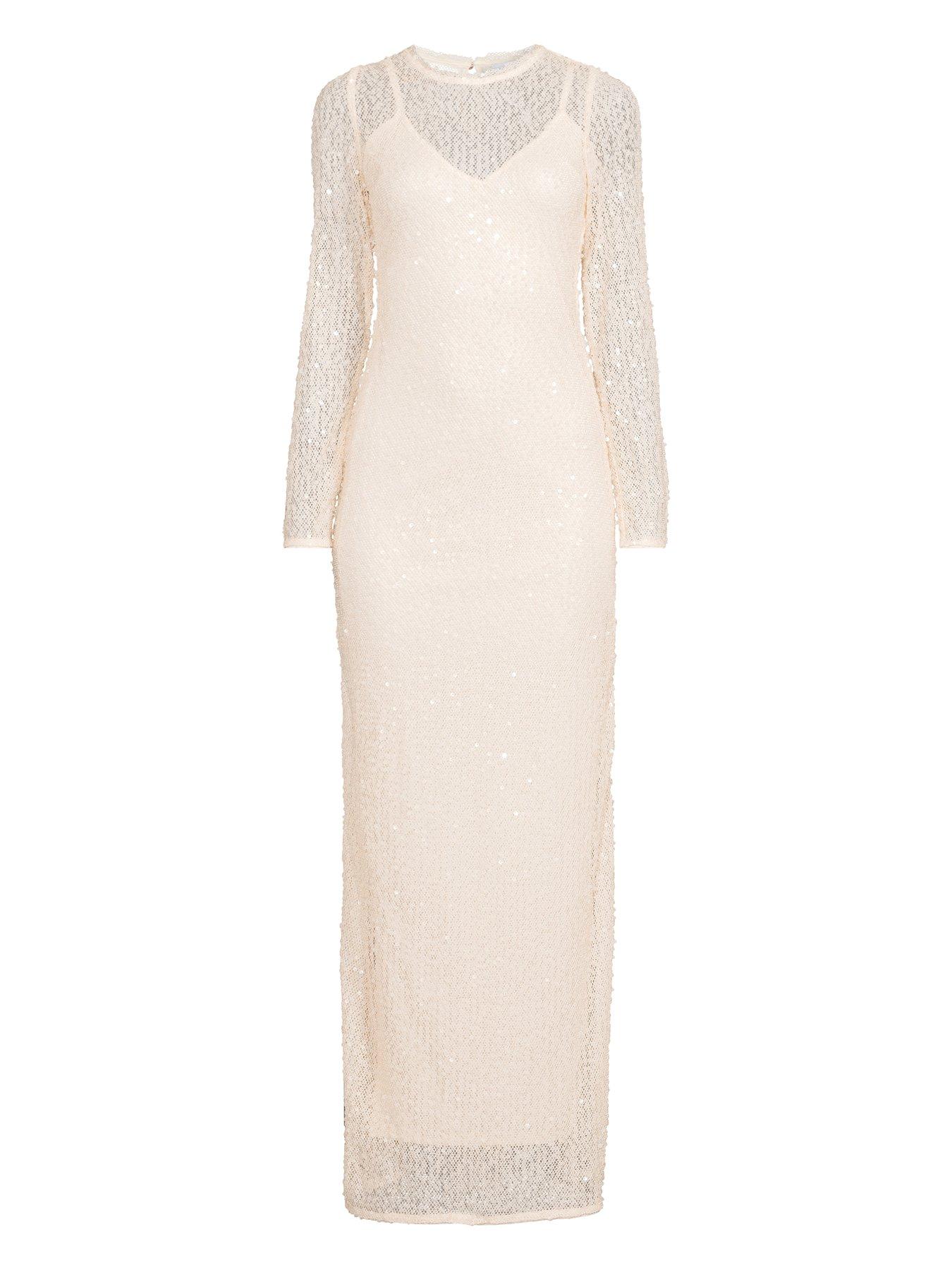 Image 7 of 7 of The Very Collection Long Sleeve Sheer Sequin Maxi Dress Cream - White