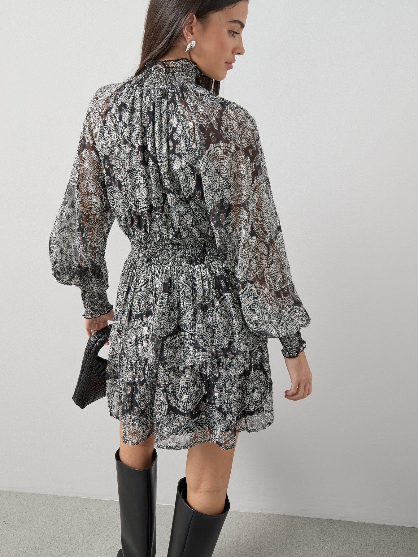 Image 2 of 7 of The Very Collection Foil Printed Mini Dress - Black