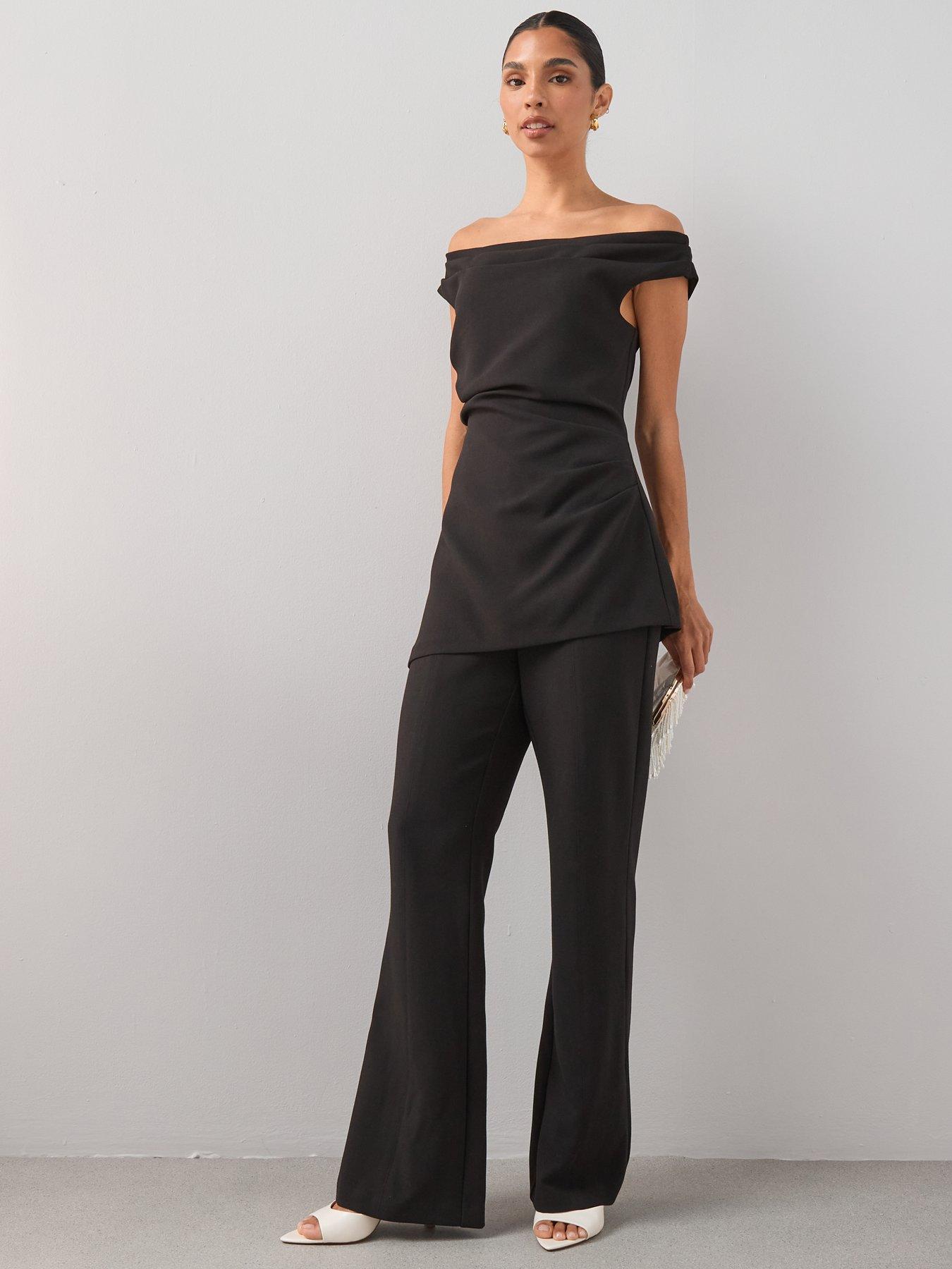 Shoulder Ruched Bardot Jumpsuit Ruched Mesh Bardot Jumpsuit Black
