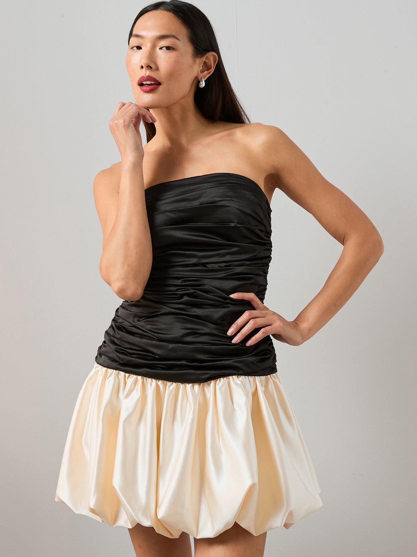 The Very Collection: Strapless Satin Puff Ball Mini Dress - Black