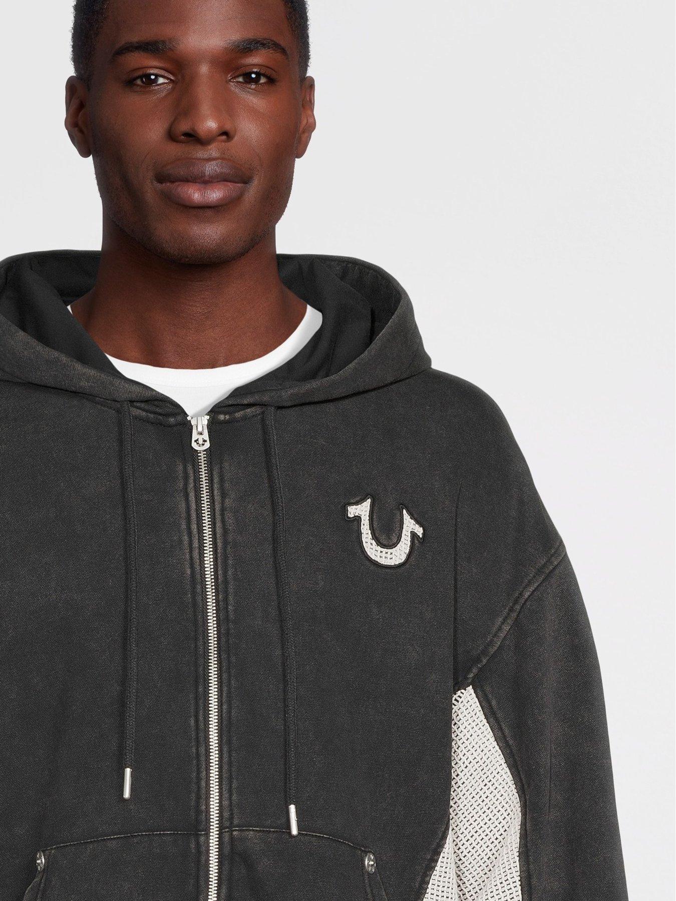 Image 4 of 6 of TRUE RELIGION Mesh Inset Clinched Zip Up Hoodie - Black