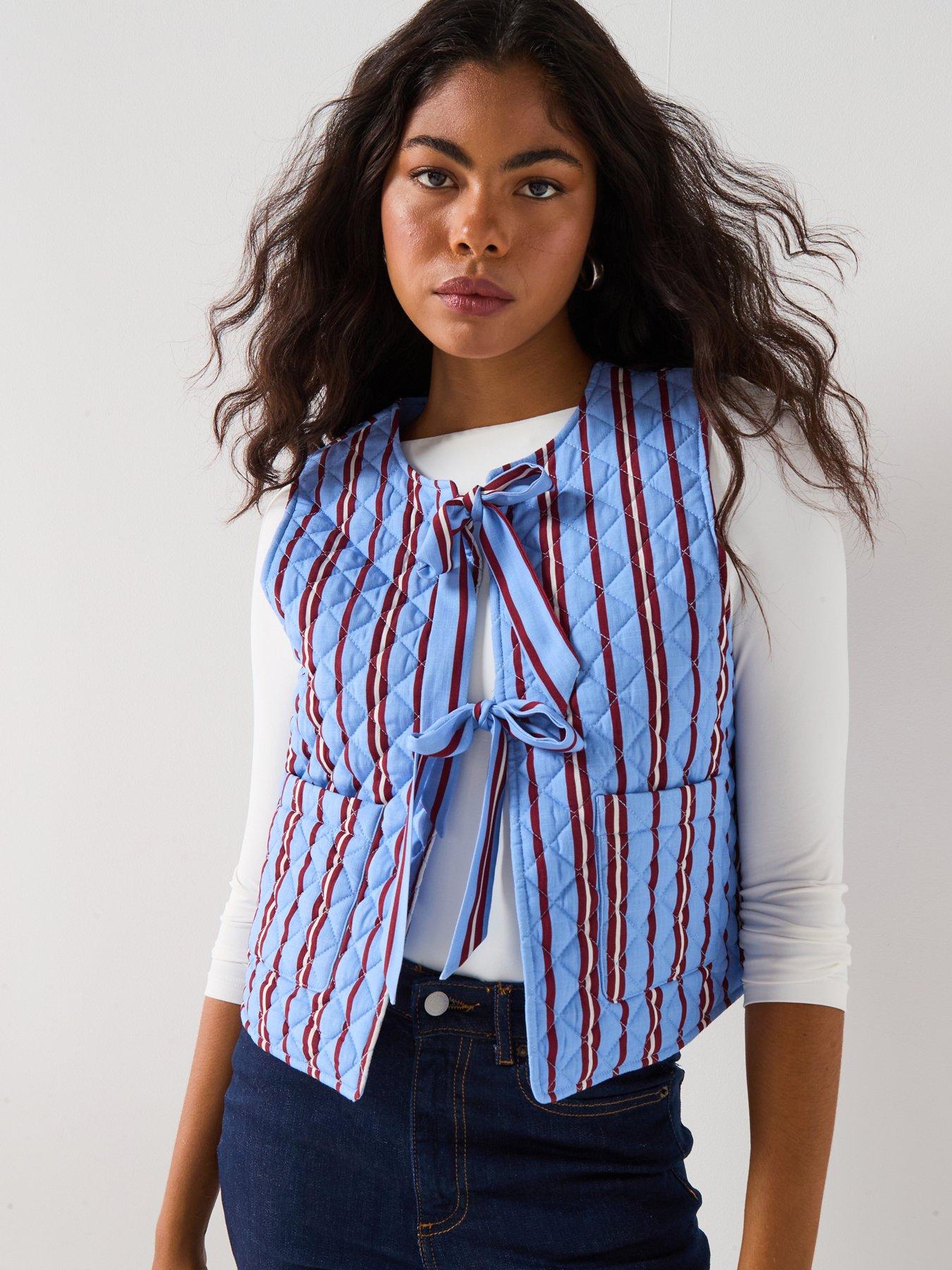 PIECES Quilted Tie Front Short Waistcoat - Blue Multi