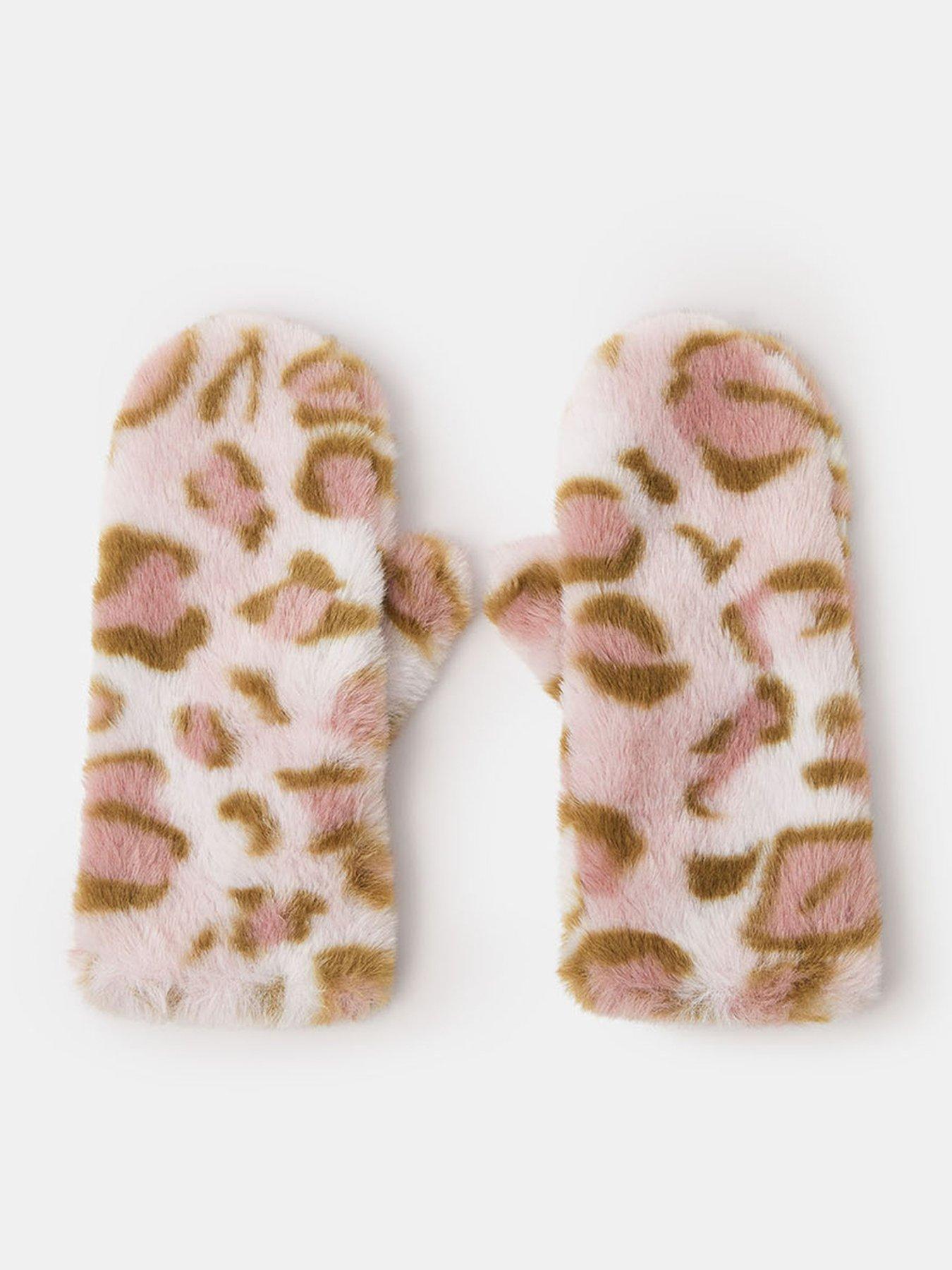 Accessorize Girls Leopard Furry Mittens - Pink