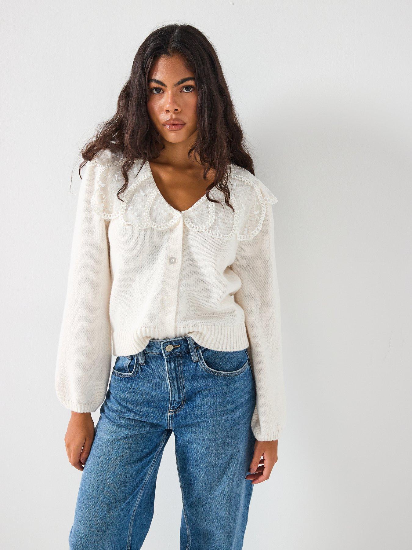 PIECES Abby Long Sleeve Lace Collar Knit Cardigan - Cream | Very
