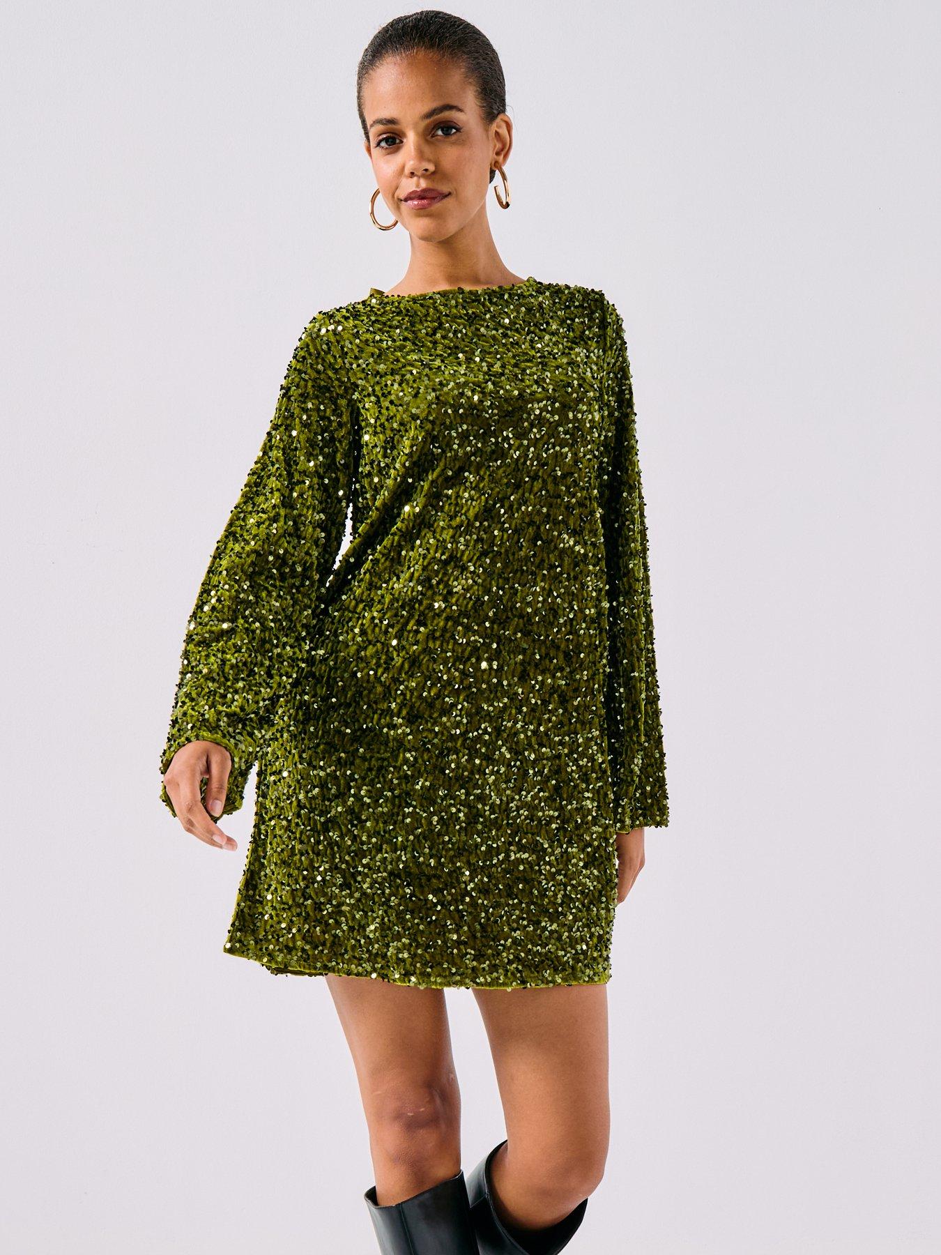 PIECES Long Sleeve Deep Back Bow Mini Dress - Green | Very