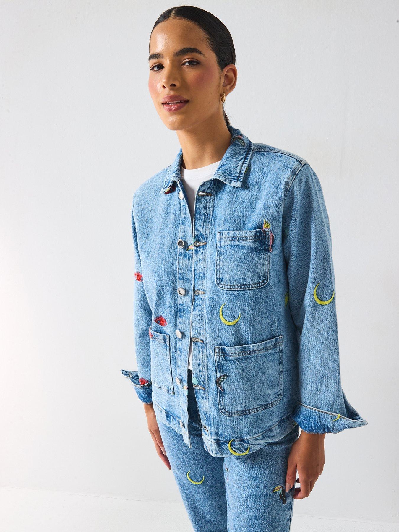 Image 1 of 6 of PIECES Jidi Long Sleeve Denim Embroidered Shacket - Blue