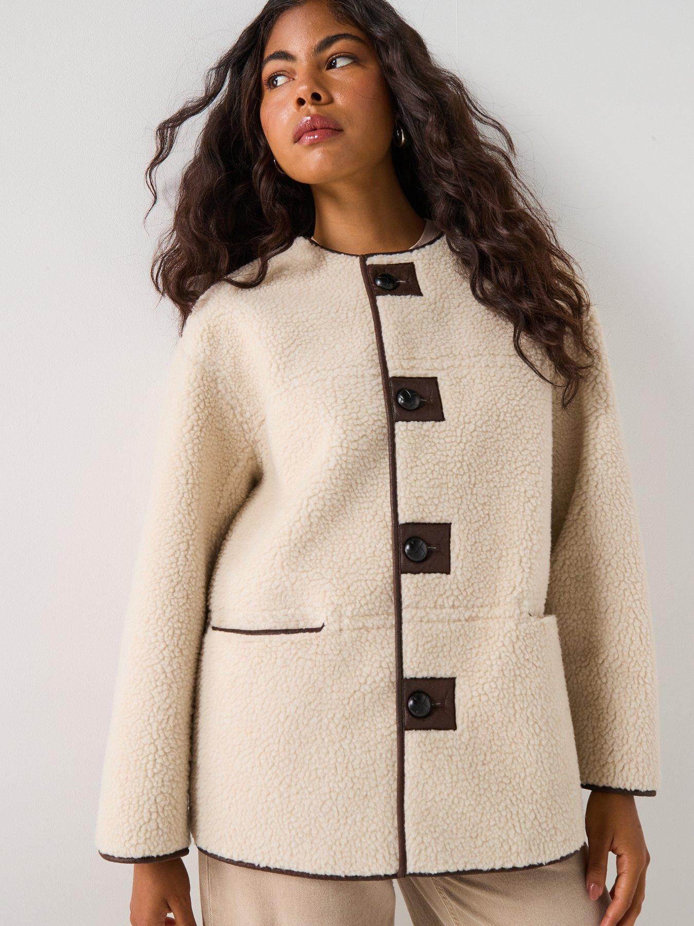 PIECES Reversible Teddy Pu Jacket, Beige, Size L, Women