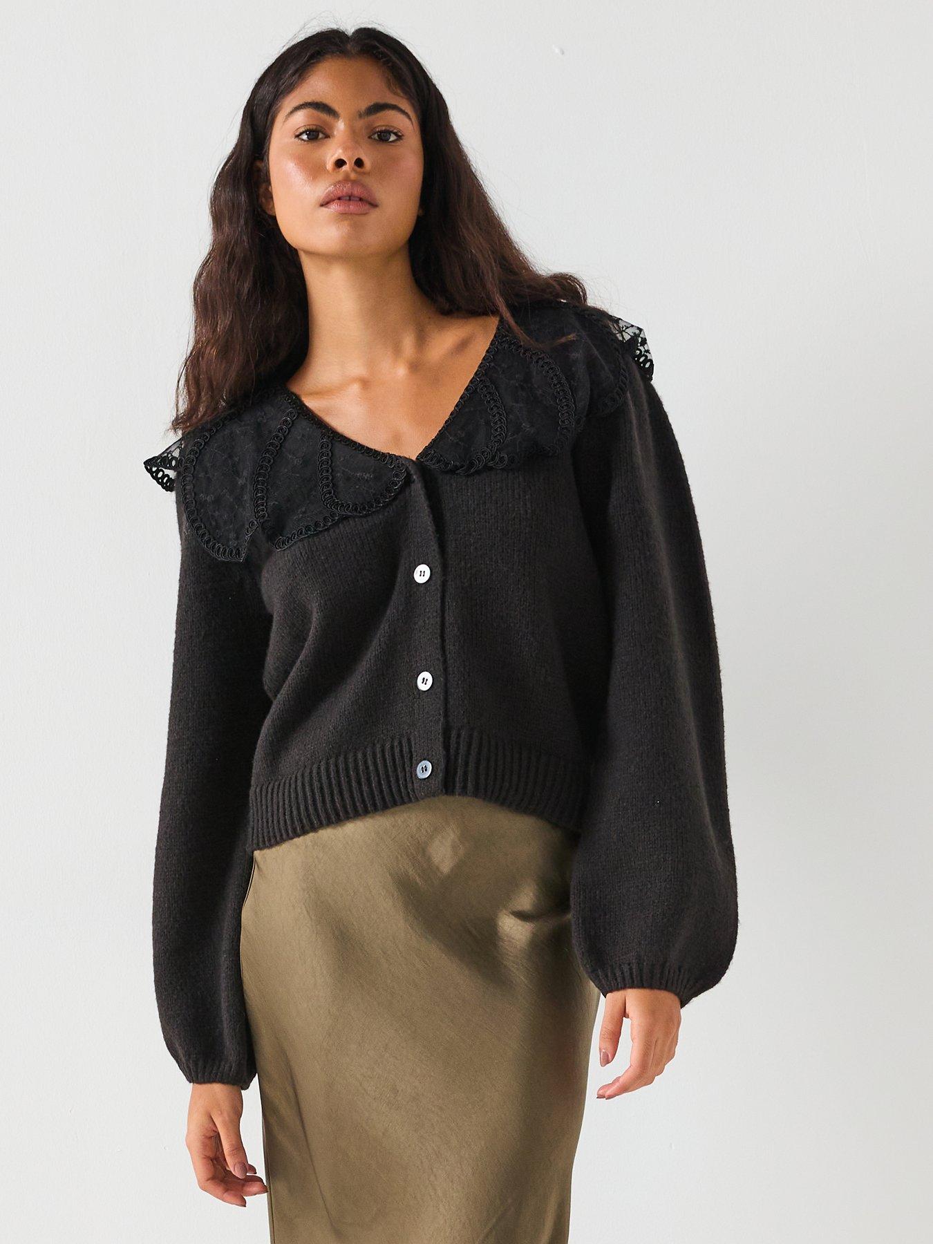 PIECES Abby Long Sleeve Lace Collar Knit Cardigan - Black | Very