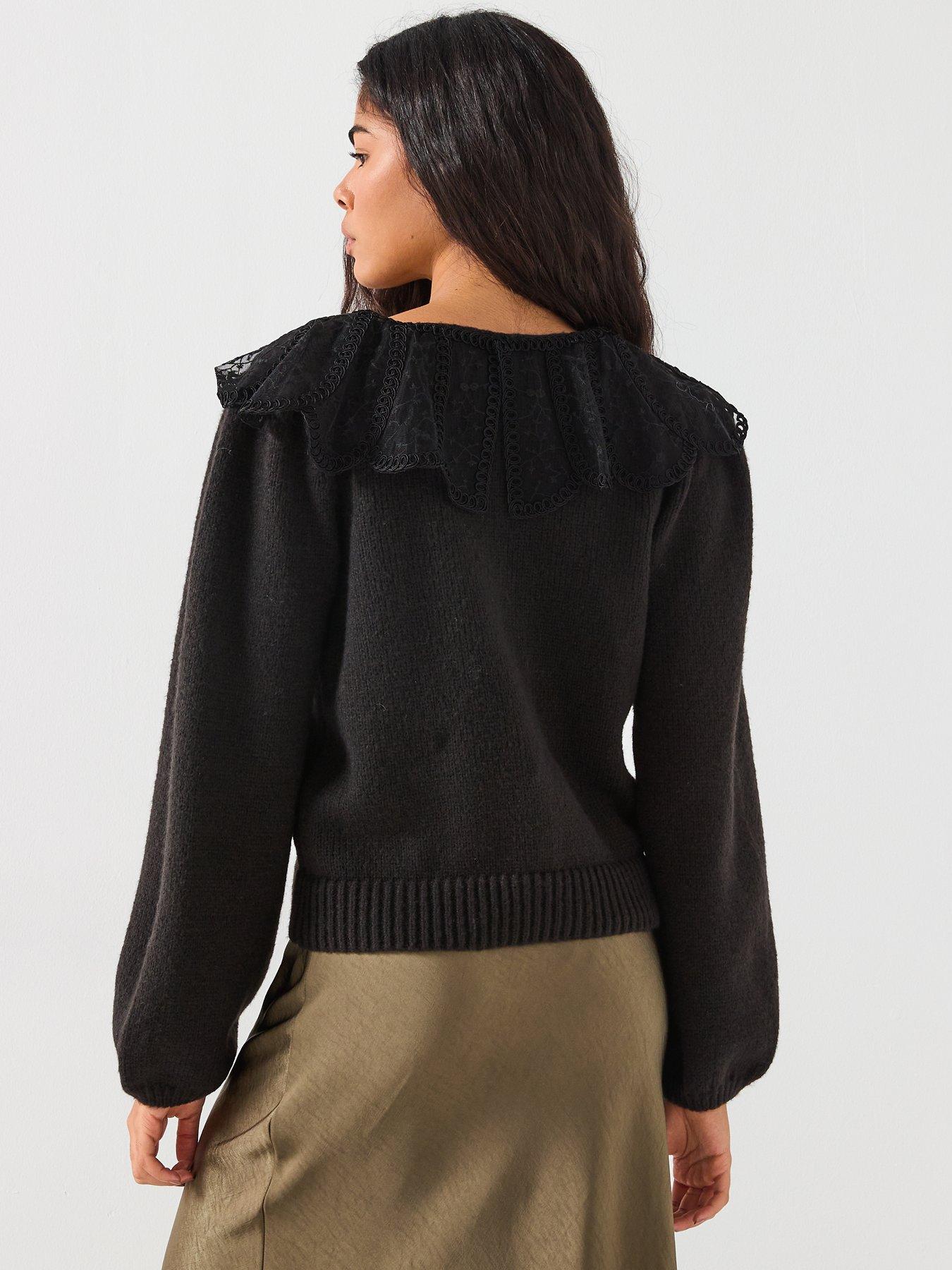 PIECES Abby Long Sleeve Lace Collar Knit Cardigan - Black | Very