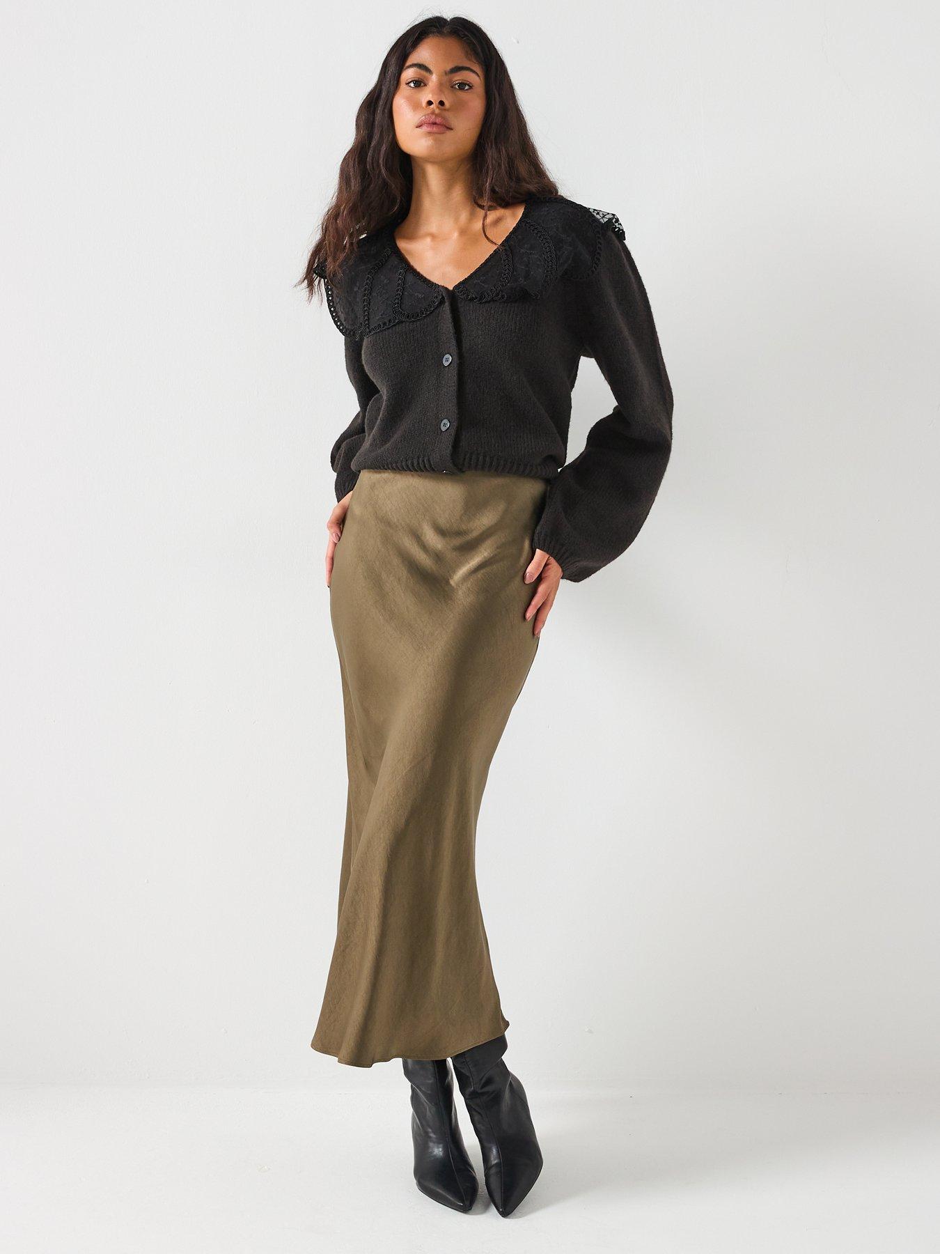 PIECES Abby Long Sleeve Lace Collar Knit Cardigan - Black | Very